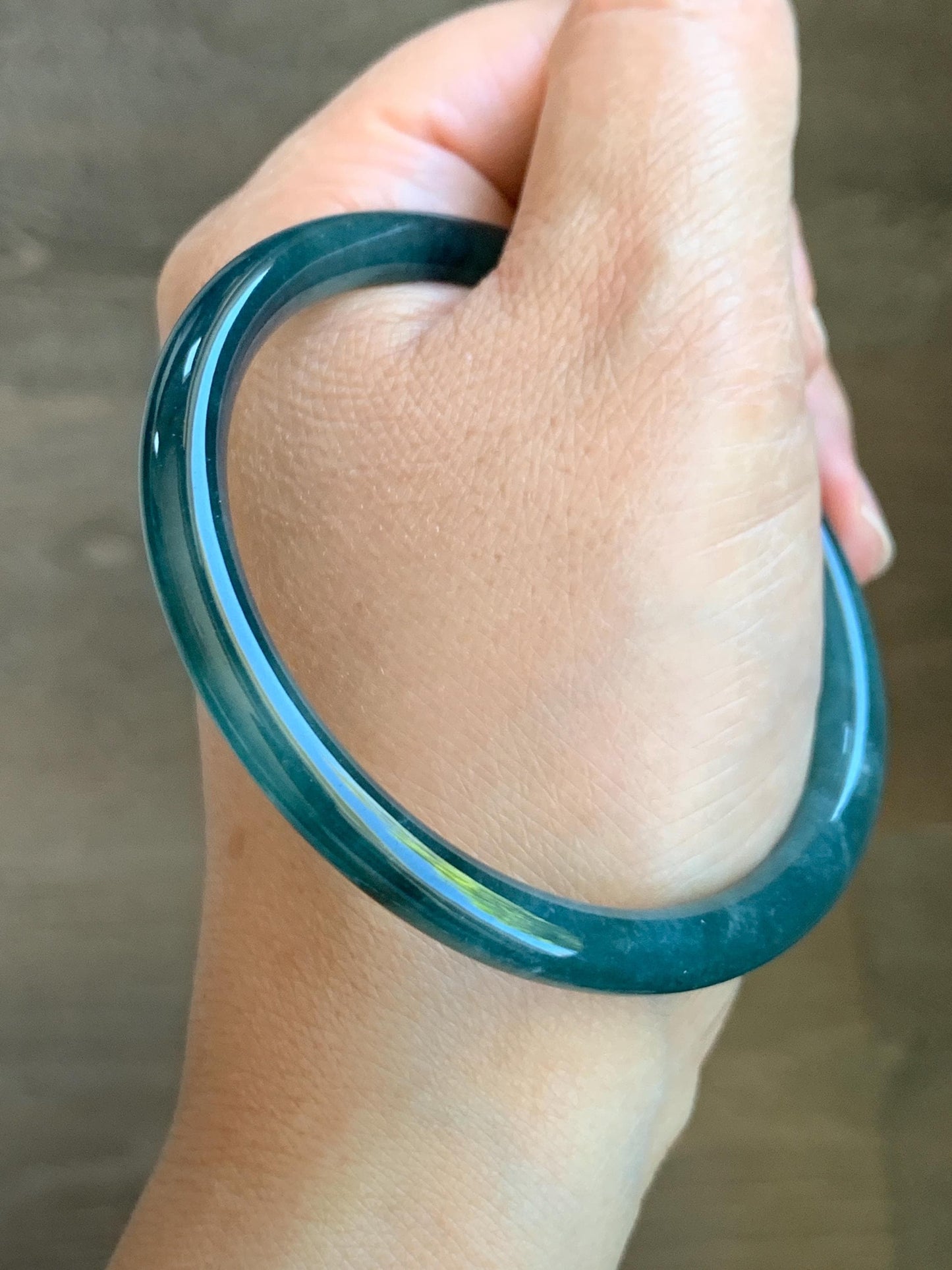 Certified Natural Grade A Guatemalan Icy Translucent Dark Teal Blue Jade Jadeite Slim Bangle 57.58mm 7.11” 天然冰胶危深蓝翡翠细圆条手镯 8774