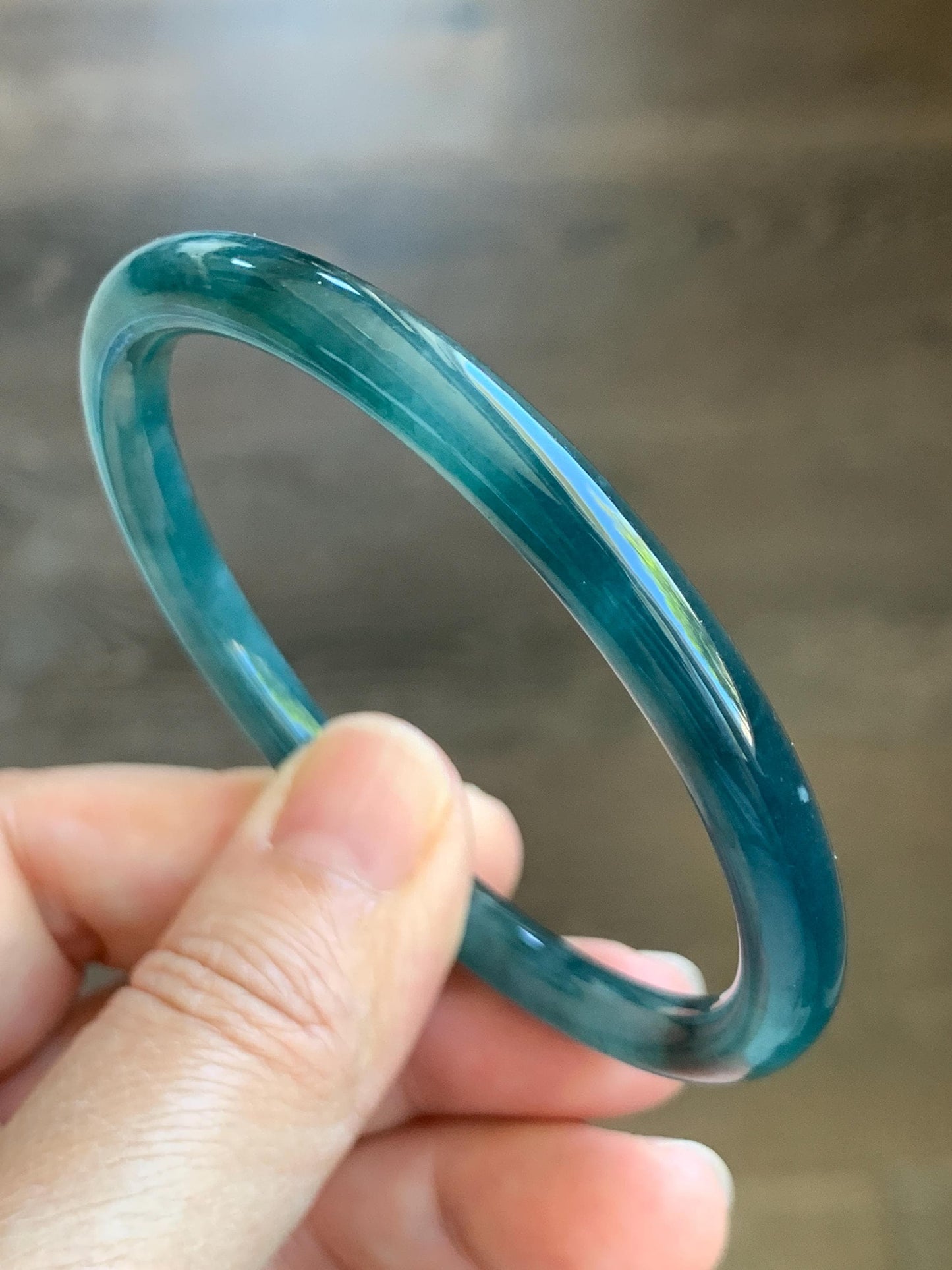 Certified Natural Grade A Guatemalan Icy Translucent Dark Teal Blue Jade Jadeite Slim Bangle 57.58mm 7.11” 天然冰胶危深蓝翡翠细圆条手镯 8774