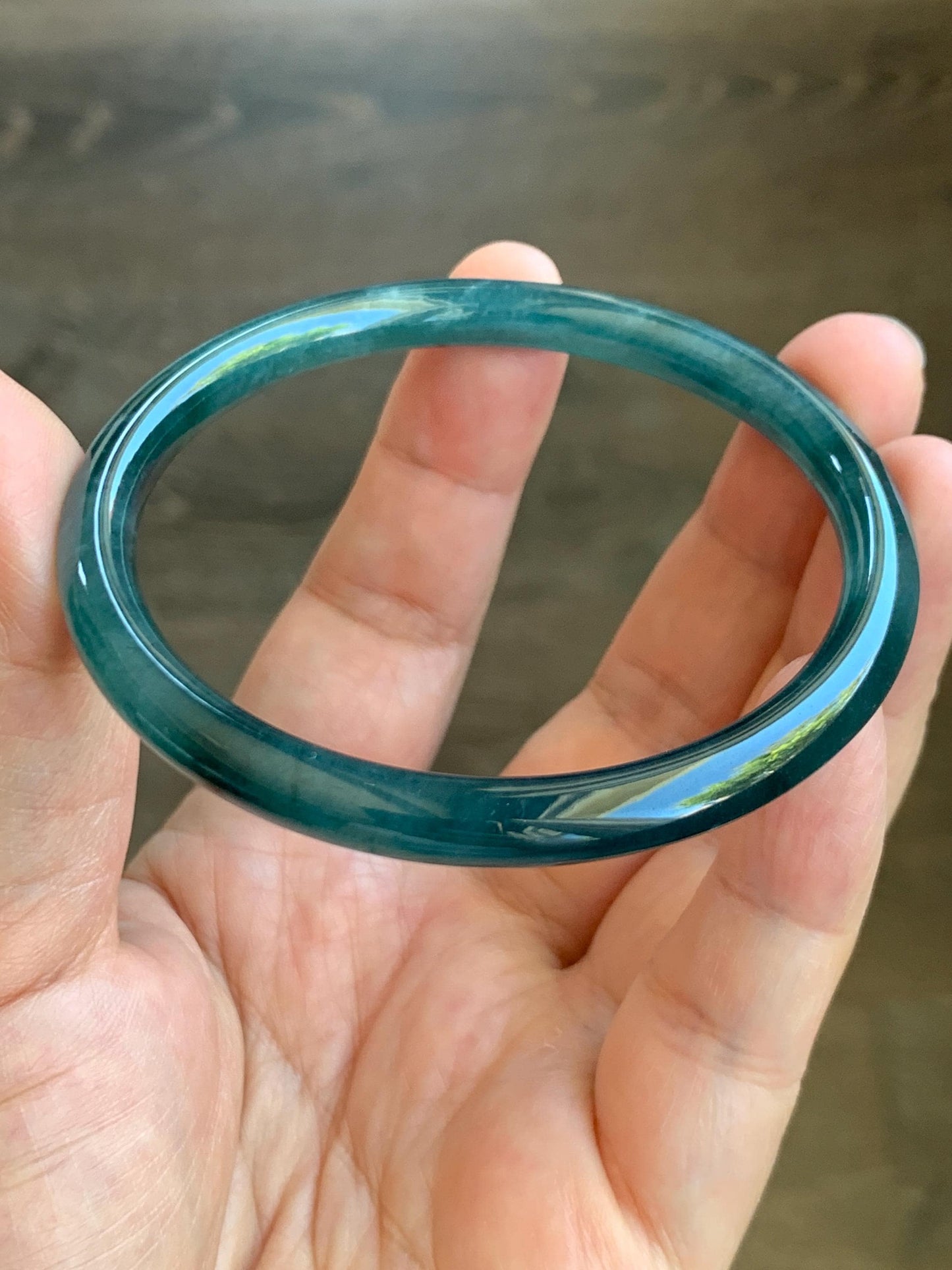 Certified Natural Grade A Guatemalan Icy Translucent Dark Teal Blue Jade Jadeite Slim Bangle 57.58mm 7.11” 天然冰胶危深蓝翡翠细圆条手镯 8774