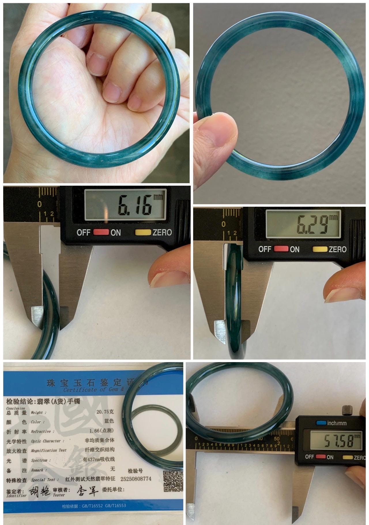Certified Natural Grade A Guatemalan Icy Translucent Dark Teal Blue Jade Jadeite Slim Bangle 57.58mm 7.11” 天然冰胶危深蓝翡翠细圆条手镯 8774