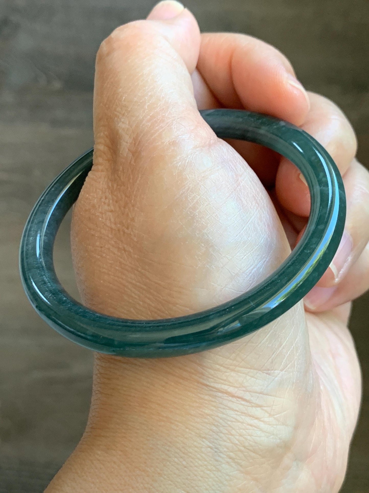Certified Natural Grade A Guatemalan Icy Translucent Dark Dusty Teal Blue Jade Jadeite Slim Bangle 54.85mm 6.78” 天然冰胶危深蓝翡翠细圆条手镯 8761