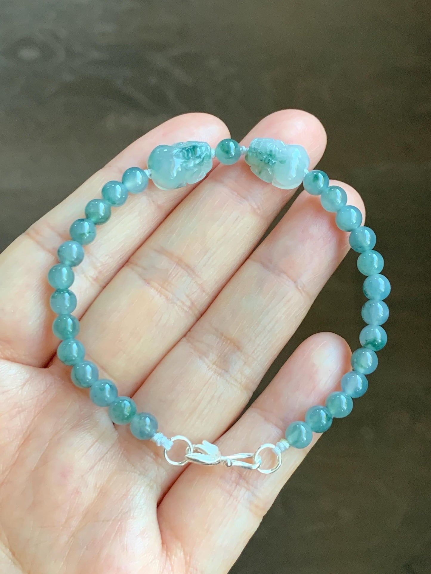 Natural Grade A Icy Highly Translucent Green Marbled Jade Jadeite Double Pixiu Beaded Bracelet 7” Sterling Silver 天然冰胶飘花翡翠双貔貅护主圆珠手串 SPP203