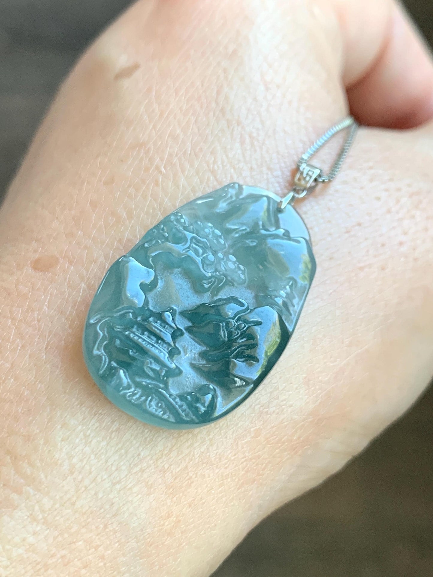 PETITE Natural Grade A Guatemalan Dark Teal Jade Jadeite Carved Shan Shui Pai Landscape Tag Pendant Sterling Silver 5g 天然冰危深蓝翡翠小山水牌吊坠 XWSS-B