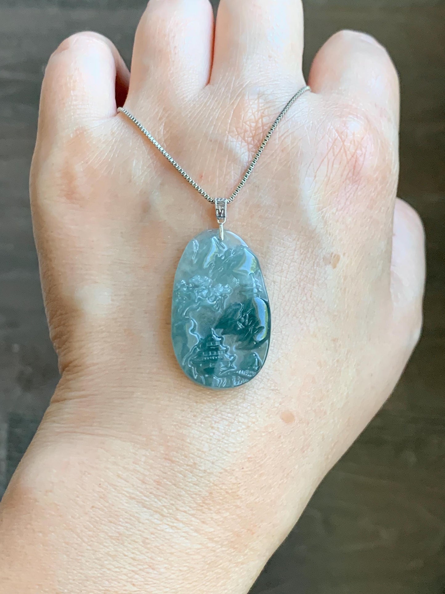 PETITE Natural Grade A Guatemalan Dark Teal Jade Jadeite Carved Shan Shui Pai Landscape Tag Pendant Sterling Silver 5g 天然冰危深蓝翡翠小山水牌吊坠 XWSS-B