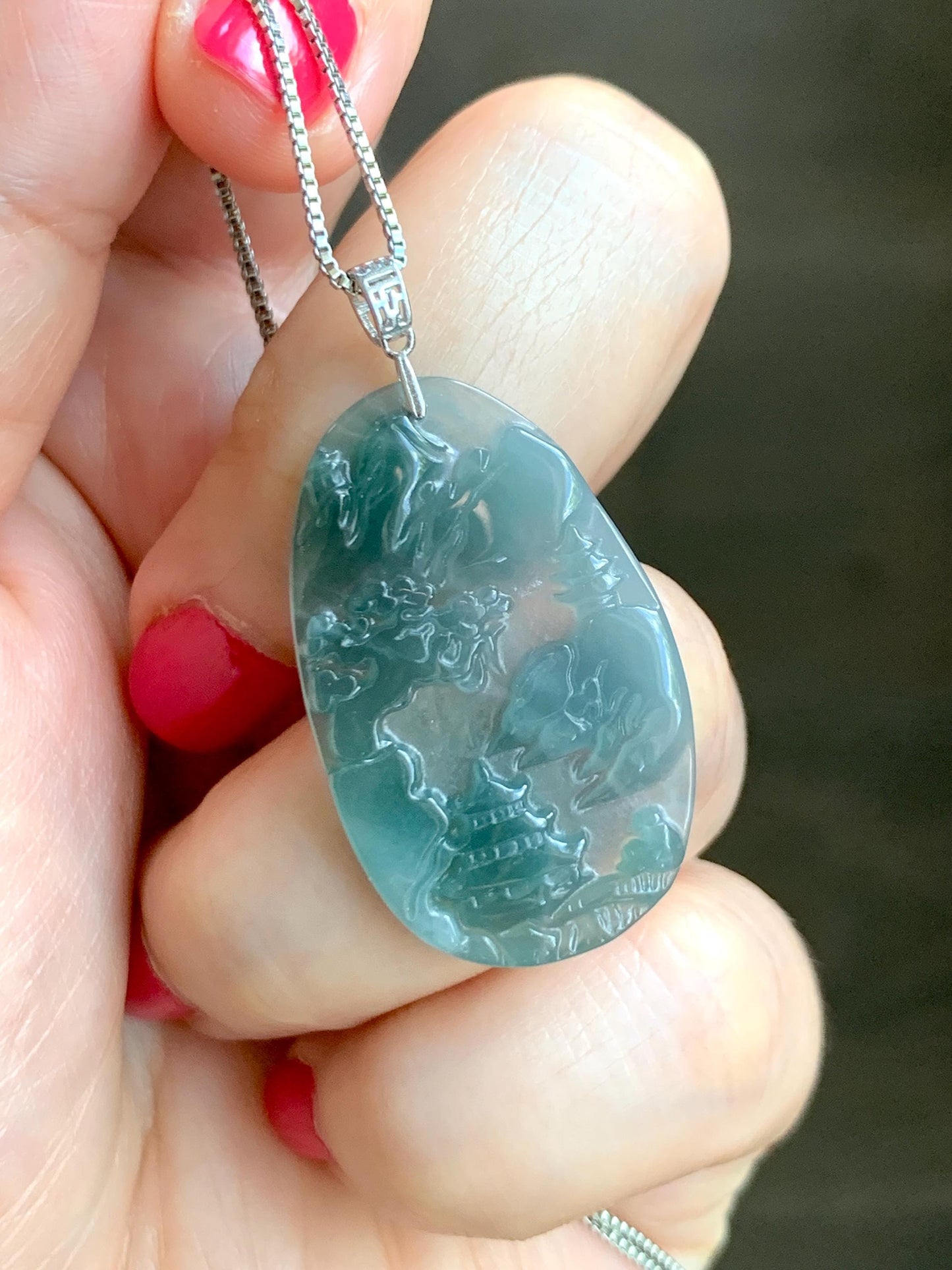 PETITE Natural Grade A Guatemalan Dark Teal Jade Jadeite Carved Shan Shui Pai Landscape Tag Pendant Sterling Silver 4g 天然冰危深蓝翡翠小山水牌吊坠 XWSS-A