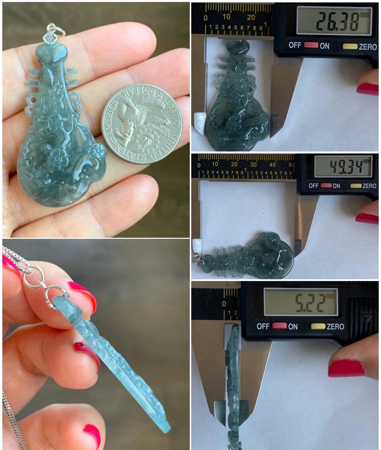 Natural Grade A Guatemalan Icy Translucent Wuji Jade Jadeite Lute Pipa & Cherry Blossom Pendant Sterling Silver 9g 天然冰危乌鸡翡翠知音梅花枝吊坠 WWU138