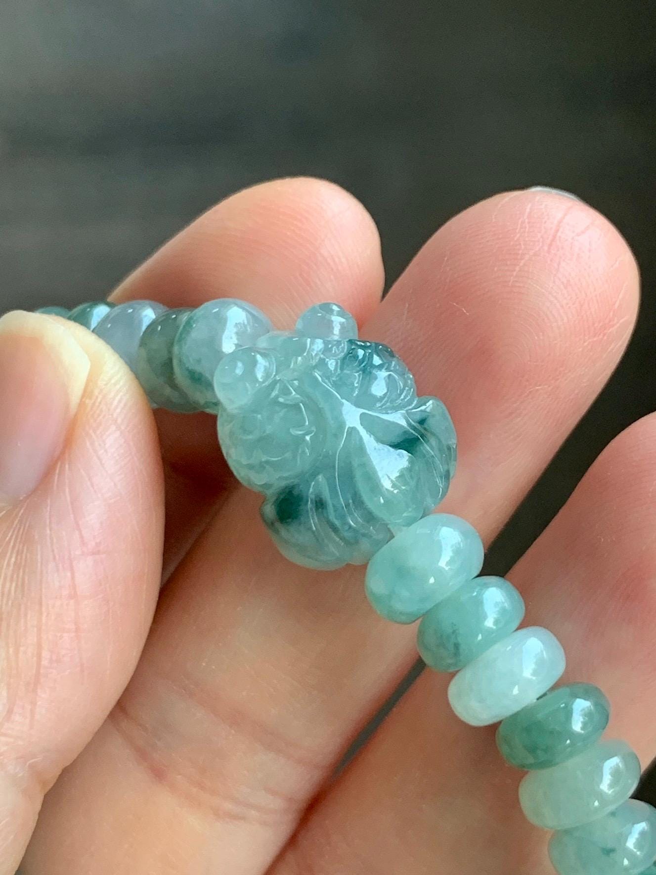 Natural Grade A Icy Translucent Multi-Shaded Light Green Jade Jadeite Drum Beads Goldfish Charm Beaded Bracelet 7" 天然冰胶浅绿多宝翡翠鼓珠金鱼手串 DBY291