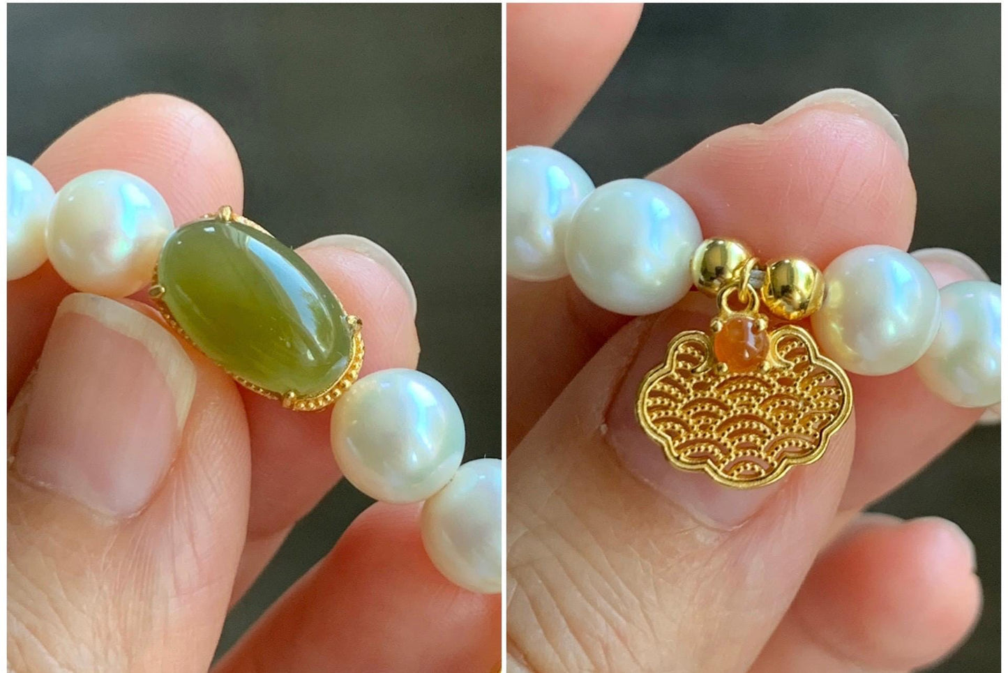 Natural Freshwater All-Nacre Pearls Grade A Icy Translucent Olive Green Jadeite Beaded Bracelet Sterling Silver 7" 天然淡水无核珍珠冰茶黄翡翠手串 WHZ679