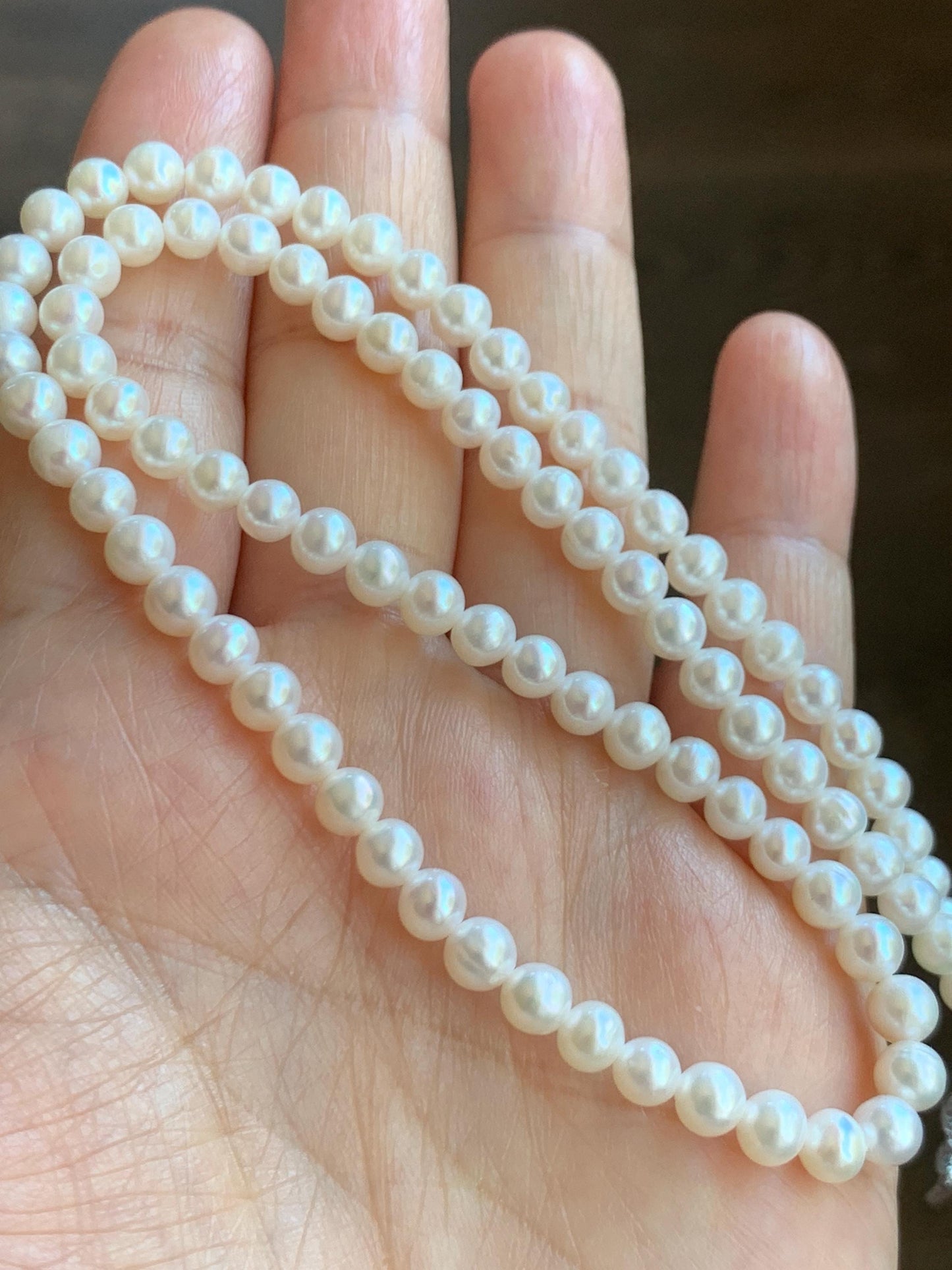 Natural Freshwater All-Nacre White Round Mini Pearls Beaded Necklace Sterling Silver Clasp 5mm 16.25”-17.75” 14g 天然淡水无核小米白珍珠项链 XMB280A