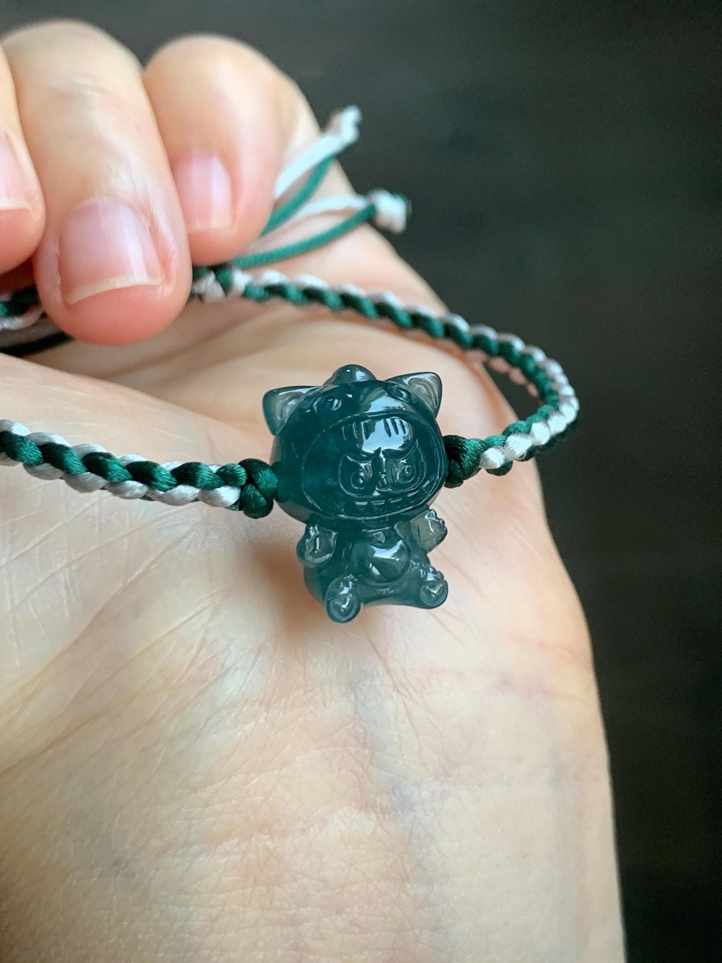 Natural Grade A Guatemalan Icy Translucent Dark Teal Blue Jade Jadeite Carved Monster Plush Rope Bracelet 6.5”-8.5” 6g 天然冰胶危深蓝绿翡翠手绳 LBB80D