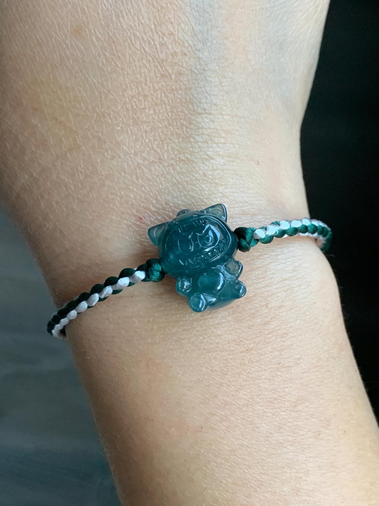 Natural Grade A Guatemalan Icy Translucent Dark Teal Blue Jade Jadeite Carved Monster Plush Rope Bracelet 6.5”-8.5” 6g 天然冰胶危深蓝绿翡翠手绳 LBB80D