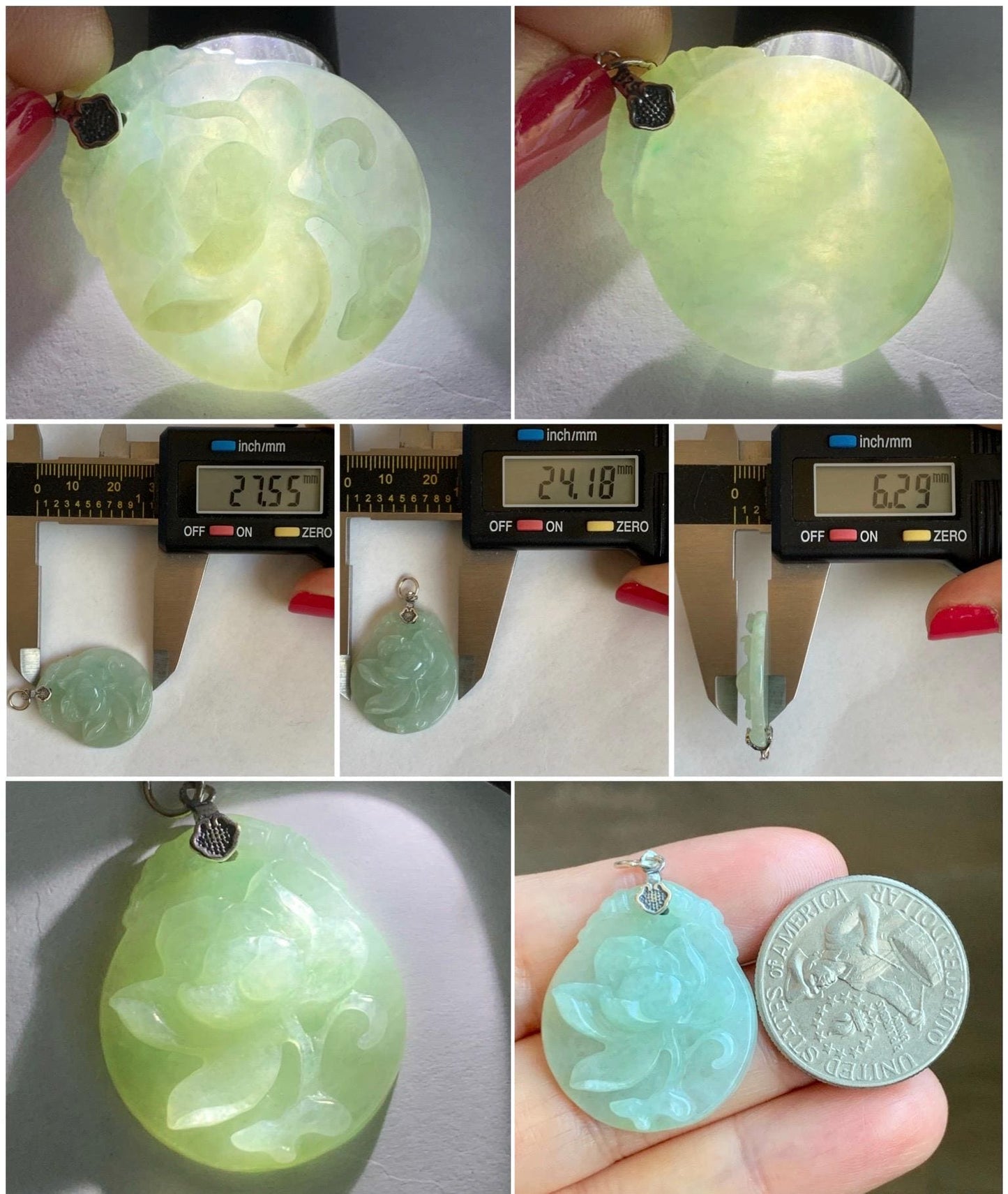 Natural Grade A Icy Translucent Pastel Green Jade Jadeite Carved Peony Flower Pendant Sterling Silver 7g 天然细糯浅果绿翡翠牡丹花吊坠 MPY70A