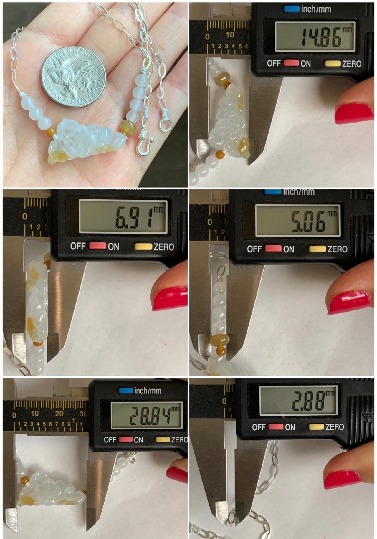 Natural Grade A Icy Translucent White Yellow Marbled Jadeite Lotus Flower Pendant Chain Necklace Sterling Silver 16.5” 天然白冰撒黄翡翠莲花锁骨链 MHLX220