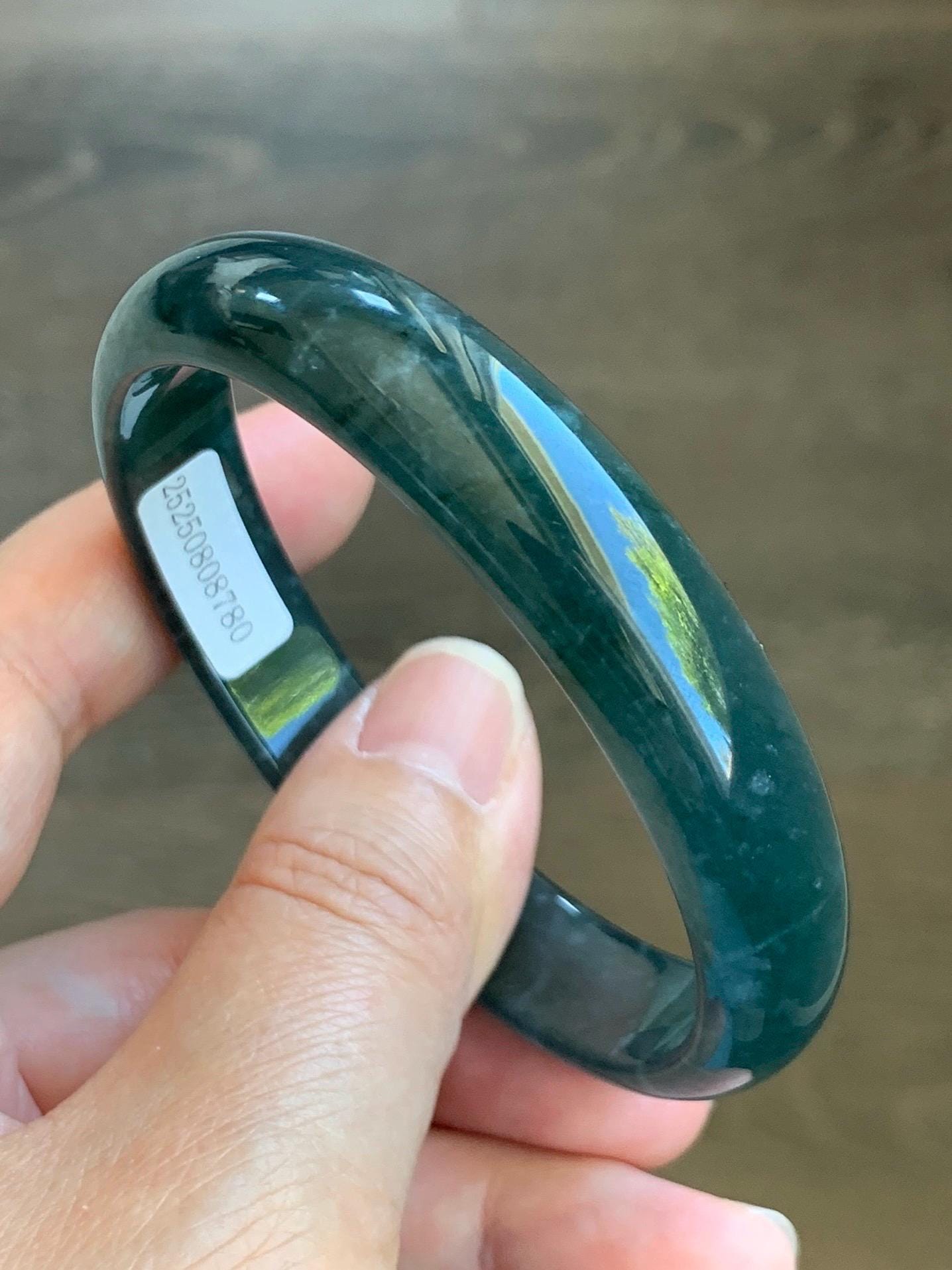 Certified Natural Grade A Guatemalan Icy Translucent Gelatinous Dark Teal Blue Jade Jadeite Wide Bangle 59.6mm 7.37" 天然老种冰胶危蓝绿翡翠正圈手镯 8780