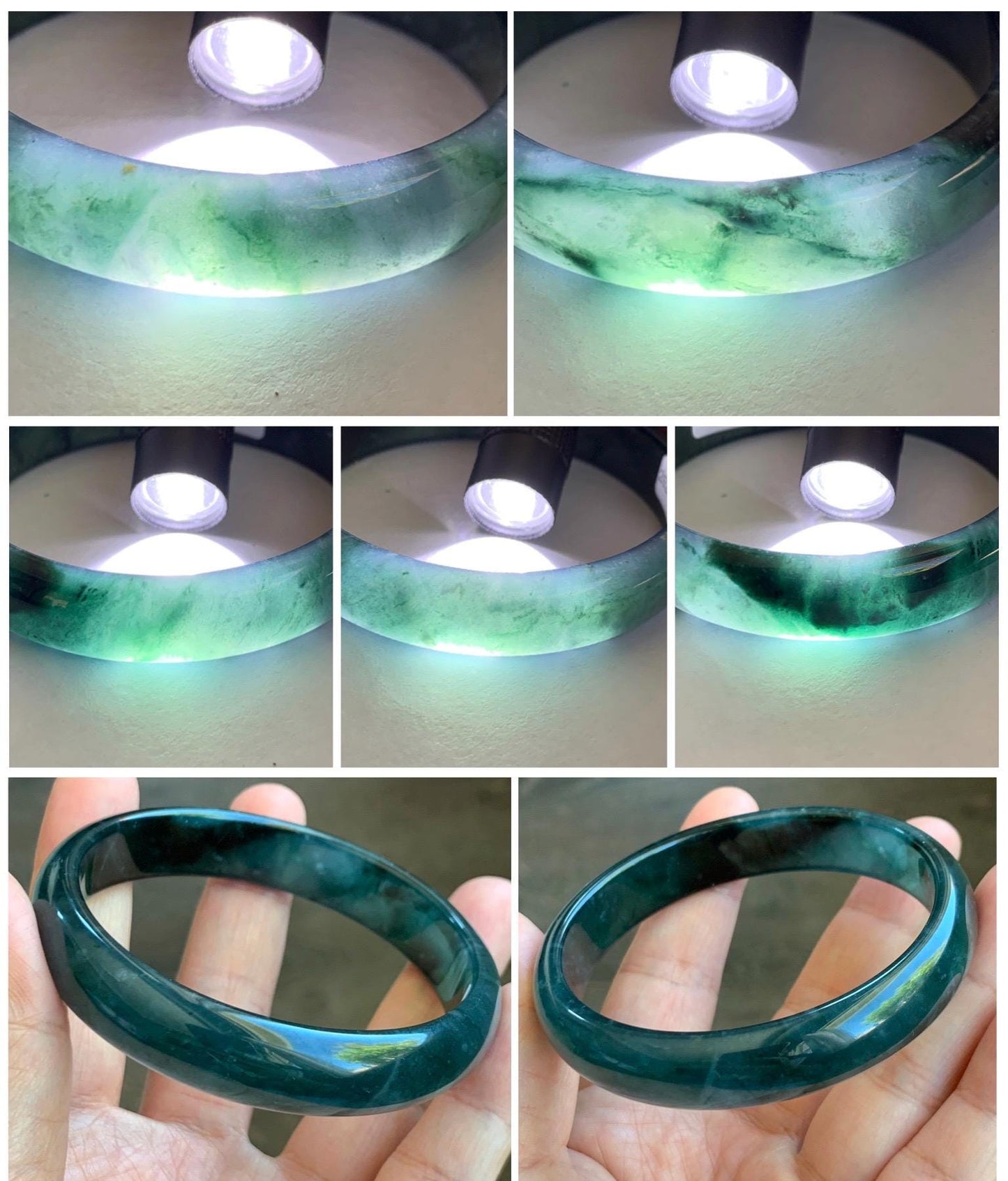Certified Natural Grade A Guatemalan Icy Translucent Gelatinous Dark Teal Blue Jade Jadeite Wide Bangle 59.5mm 7.35" 天然老种冰胶危蓝绿翡翠正圈手镯 8779