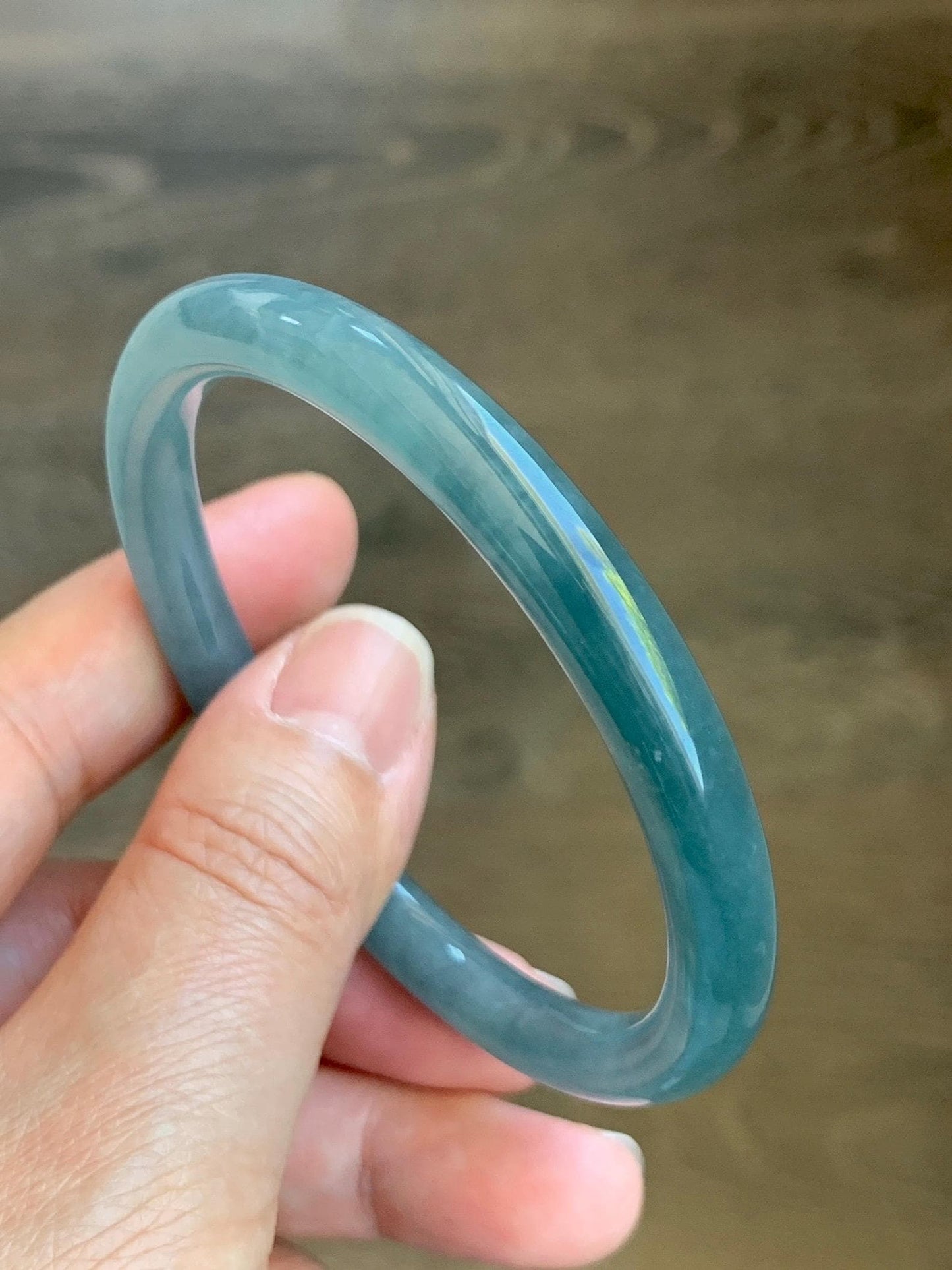 Certified Natural Grade A Guatemalan Icy Translucent Dusty Teal Blue Jade Jadeite Bangle 56.54mm 7” 27.4g 天然冰胶危蓝翡翠细圆条手镯 8795