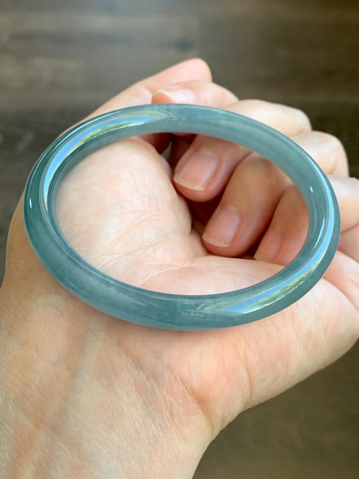 Certified Natural Grade A Guatemalan Icy Translucent Dusty Teal Blue Jade Jadeite Bangle 56.54mm 7” 27.4g 天然冰胶危蓝翡翠细圆条手镯 8795