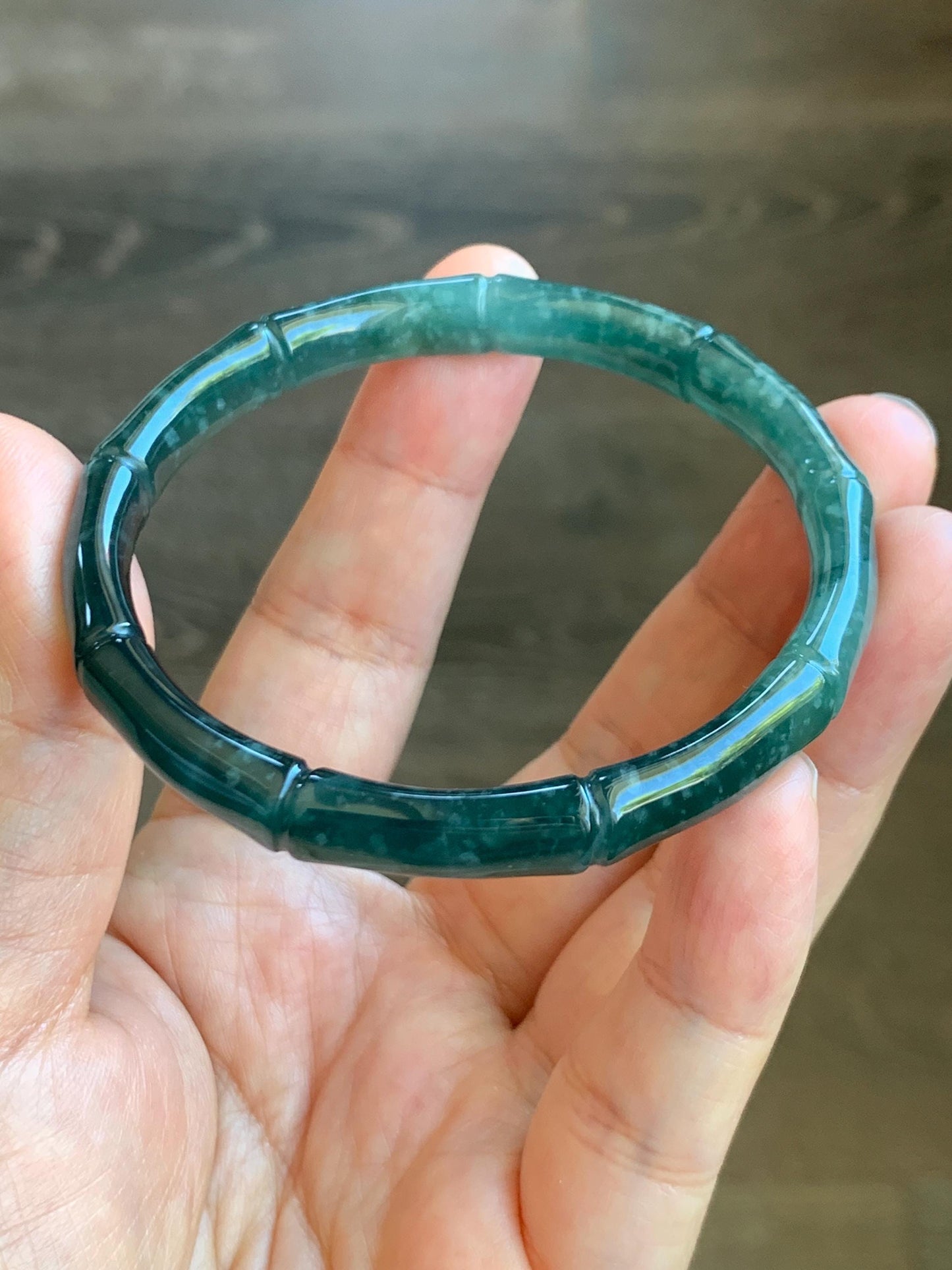 Certified Natural Grade A Guatemalan Icy Translucent Gelatinous Dark Teal Green Jade Jadeite Bamboo Bangle 56.9 7” 22g 天然冰危深浅篮绿翡翠竹节手镯 8802