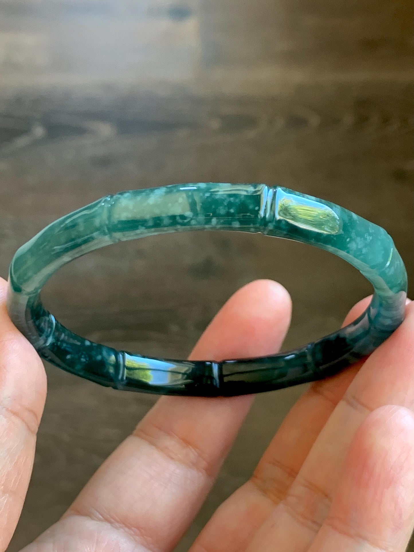 Certified Natural Grade A Guatemalan Icy Translucent Gelatinous Dark Teal Green Jade Jadeite Bamboo Bangle 56.9 7” 22g 天然冰危深浅篮绿翡翠竹节手镯 8802