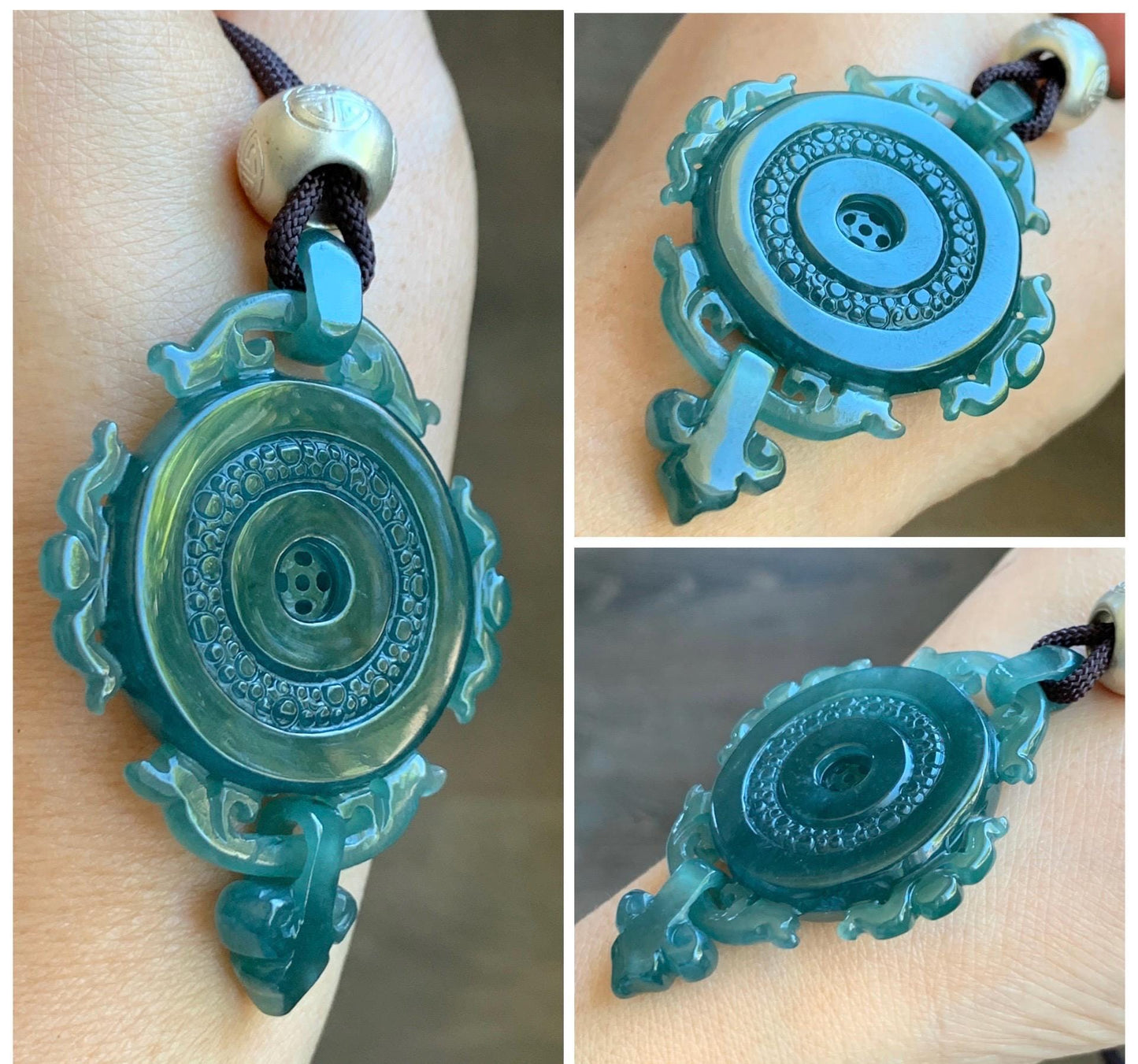 Certified Natural Grade A Guatemalan Icy Translucent Dark Teal Blue Jadeite Ping An Kou Donut Pendant Rope Necklace 天然冰危深蓝翡翠仿古平安扣吊坠项链 8734