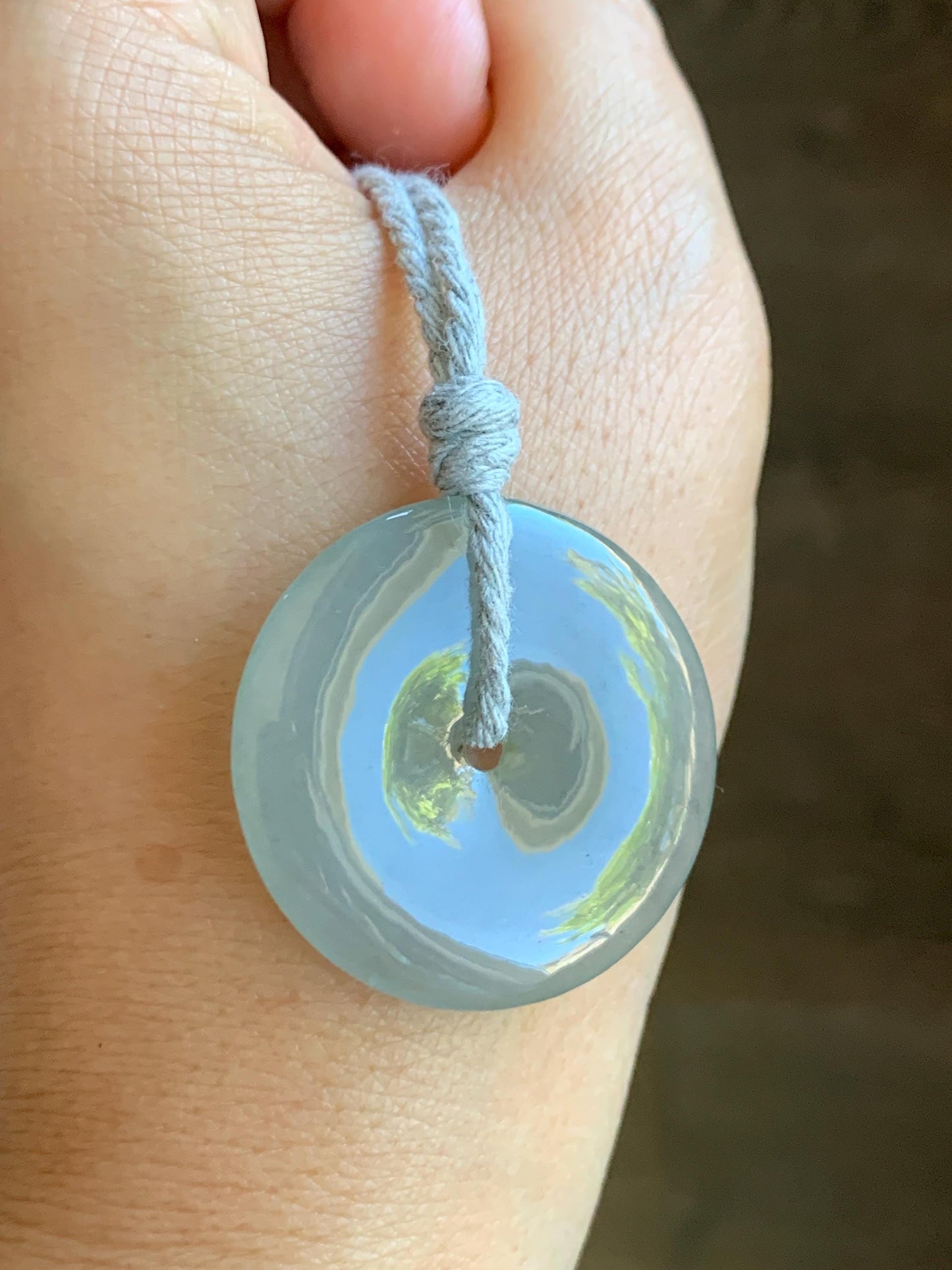 Natural Grade A Icy Translucent Pastel Smoky Gray Jade Jadeite Ping An Kou Donut Pendant Rope Necklace 25” 12g 天然冰烟灰色翡翠平安扣吊坠项链 MLW120C