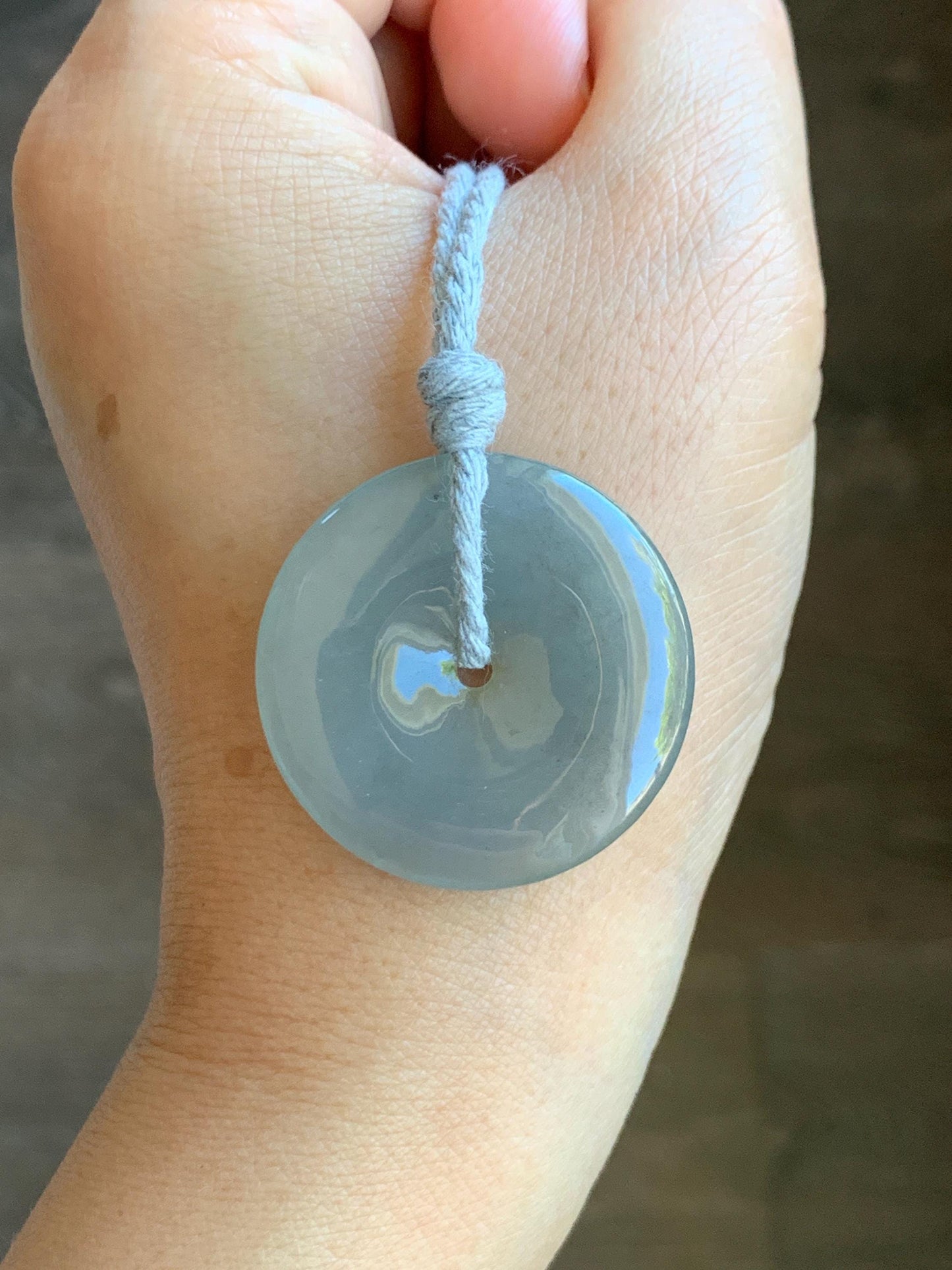 Natural Grade A Icy Translucent Pastel Smoky Gray Jade Jadeite Ping An Kou Donut Pendant Rope Necklace 25” 12g 天然冰烟灰色翡翠平安扣吊坠项链 MLW120C