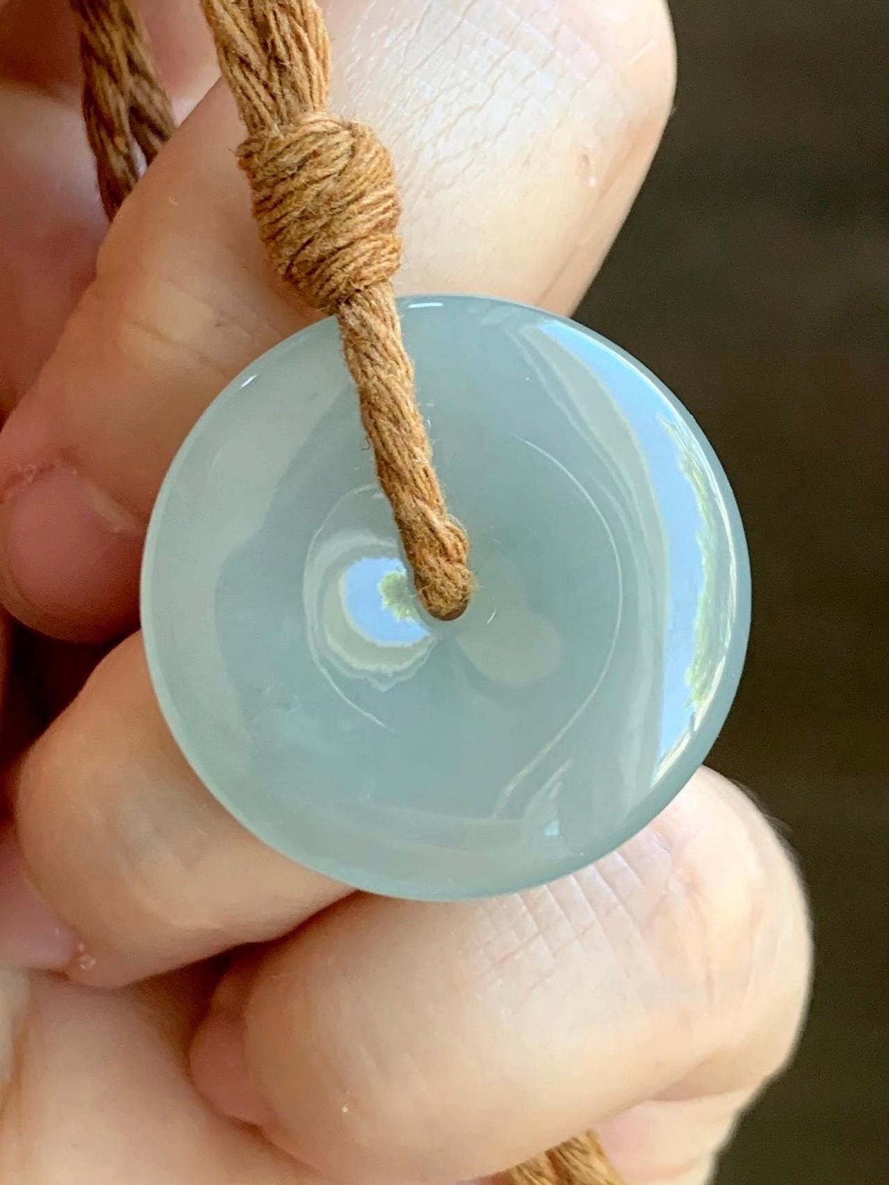 Certified Natural Grade A Icy Translucent Gelatinous Dusty Green Jade Jadeite Ping An Kou Donut Pendant Rope Necklace 天然冰浅绿色翡翠平安扣吊坠项链 9424