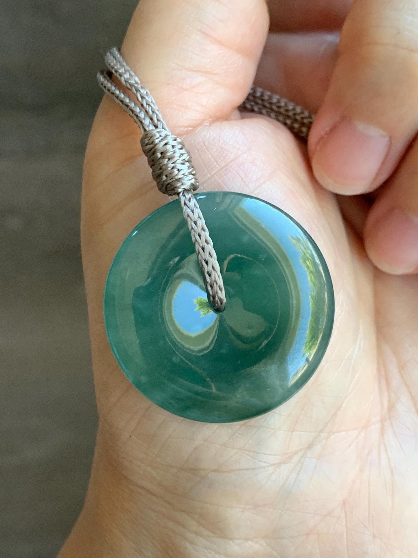 Certified Natural Grade A Guatemalan Icy Translucent Teal Green Jade Jadeite Ping An Kou Donut Pendant Rope Necklace 27” 天然冰胶危蓝绿翡翠平安扣吊坠 8740