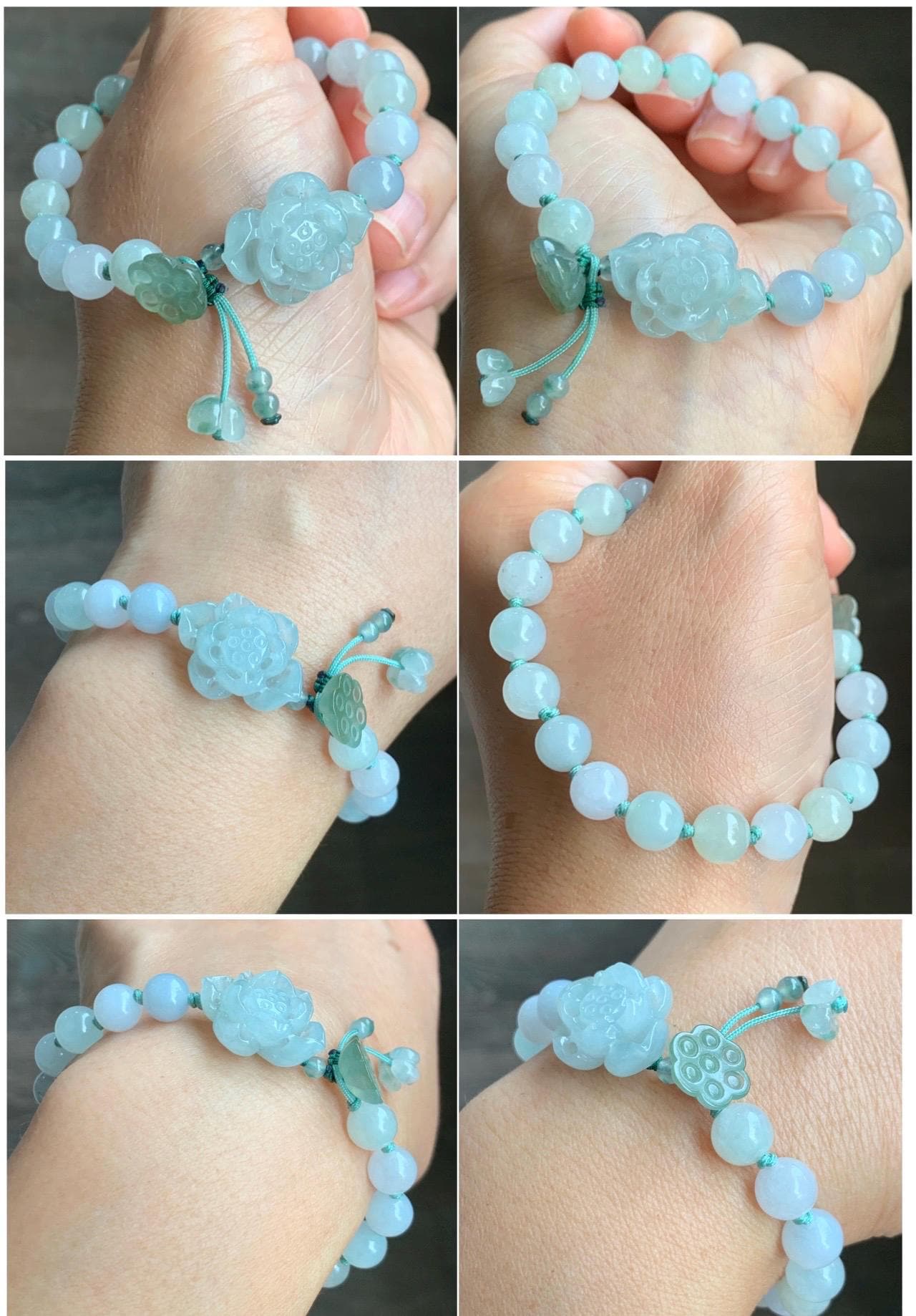 Natural Grade A Icy Translucent Gelatinous Pastel Green Jade Jadeite Lotus Flower Lotus Pod Beaded Bracelet 6.75" 天然冰胶淡晴蓝底翡翠莲花莲蓬手串 MLH370