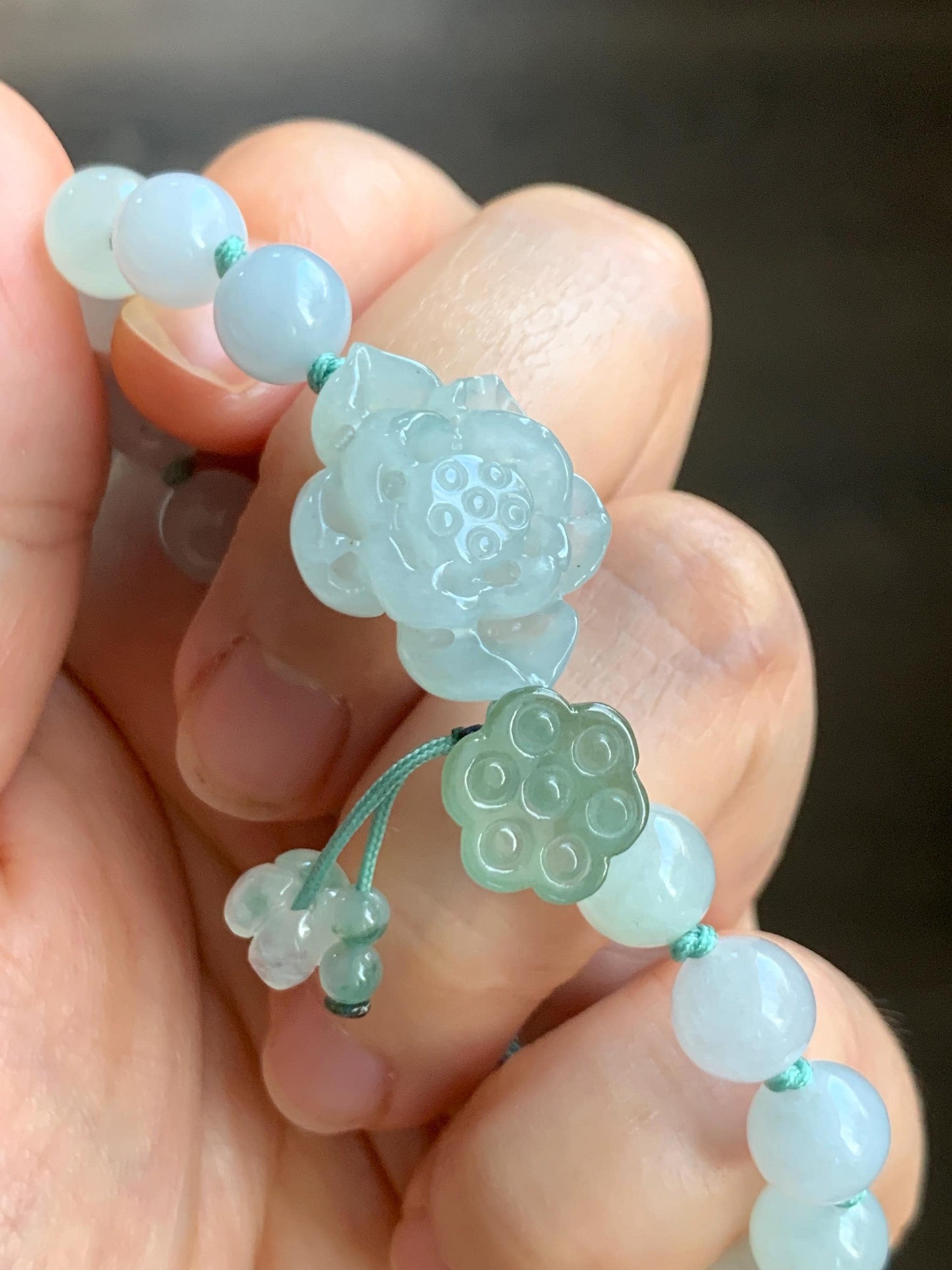 Natural Grade A Icy Translucent Gelatinous Pastel Green Jade Jadeite Lotus Flower Lotus Pod Beaded Bracelet 6.75" 天然冰胶淡晴蓝底翡翠莲花莲蓬手串 MLH370