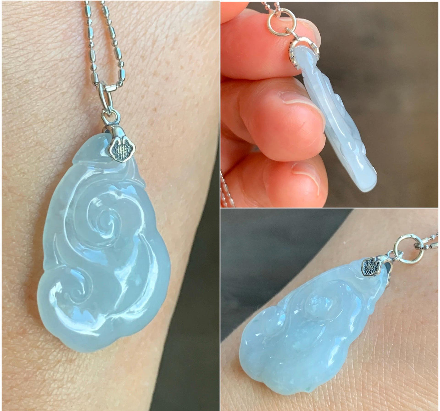 Natural Grade A Icy Translucent Gelatinous Pastel Blue Jade Jadeite Carved Ruyi Pendant Sterling Silver 5g 天然冰胶蓝底翡翠如意吊坠 MDLR88