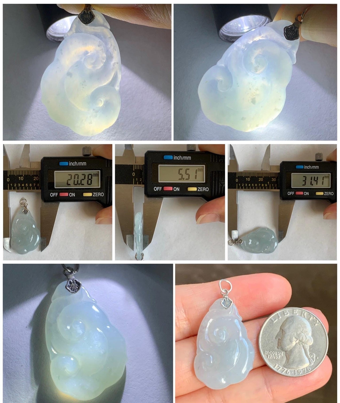 Natural Grade A Icy Translucent Gelatinous Pastel Blue Jade Jadeite Carved Ruyi Pendant Sterling Silver 5g 天然冰胶蓝底翡翠如意吊坠 MDLR88