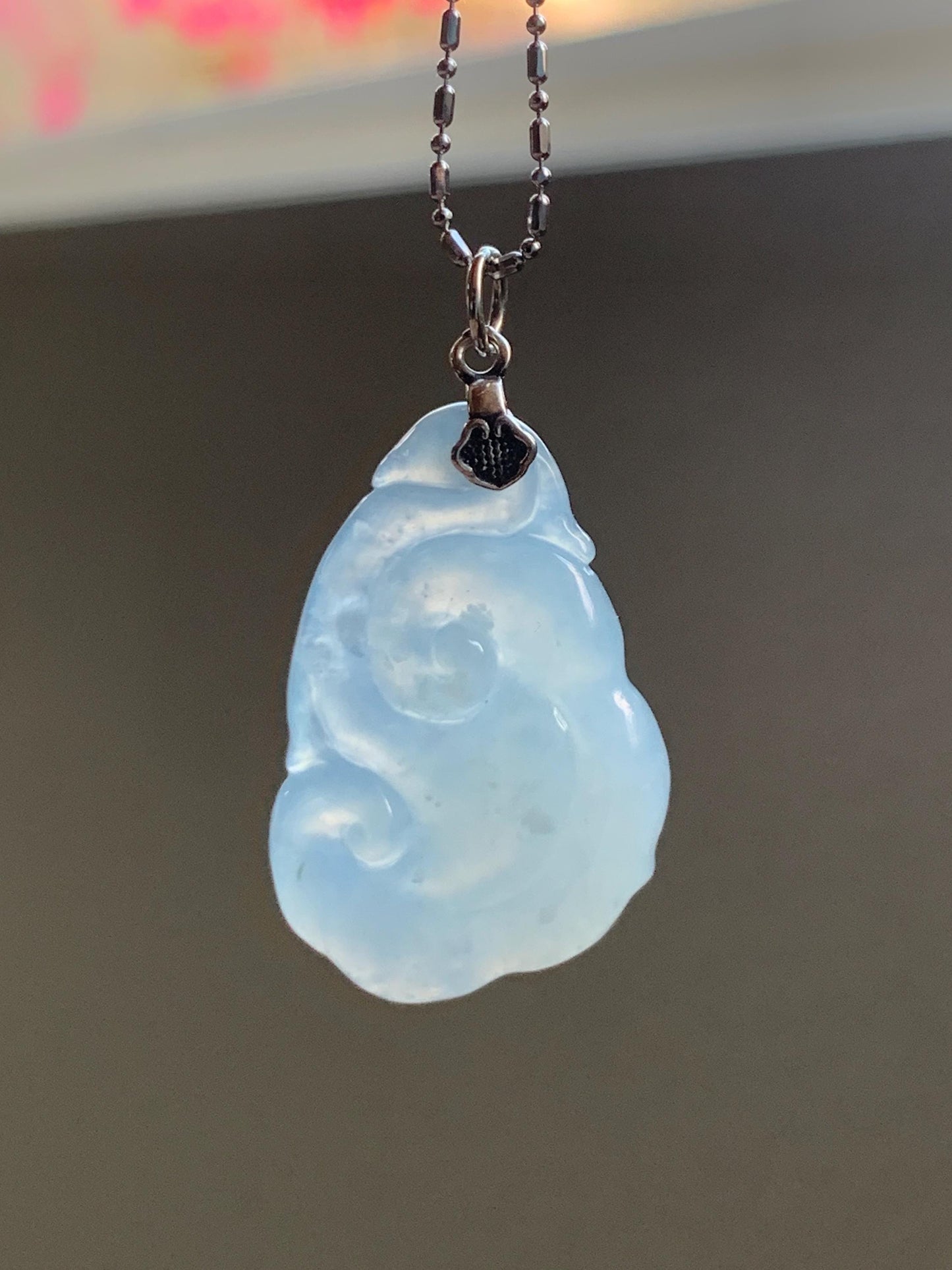 Natural Grade A Icy Translucent Gelatinous Pastel Blue Jade Jadeite Carved Ruyi Pendant Sterling Silver 5g 天然冰胶蓝底翡翠如意吊坠 MDLR88