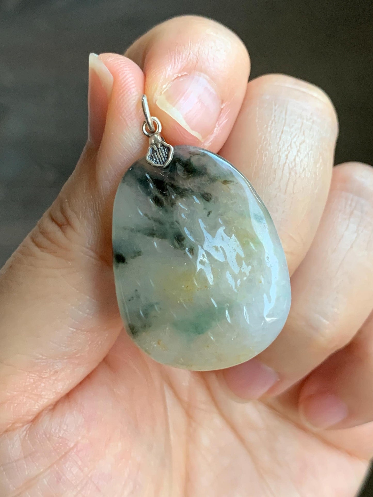 Natural Grade A Icy Highly Translucent Gelatinous Multicolored Jade Jadeite Nugget Pendant Sterling Silver 9g 天然冰三彩翡翠原石吊坠 MYS188B