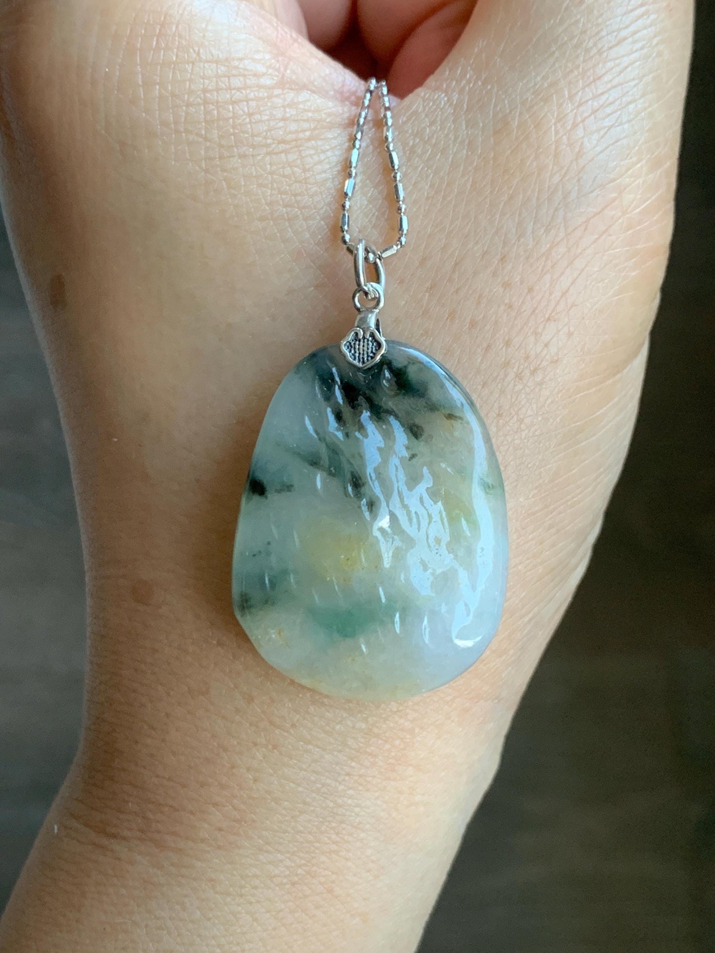 Natural Grade A Icy Highly Translucent Gelatinous Multicolored Jade Jadeite Nugget Pendant Sterling Silver 9g 天然冰三彩翡翠原石吊坠 MYS188B