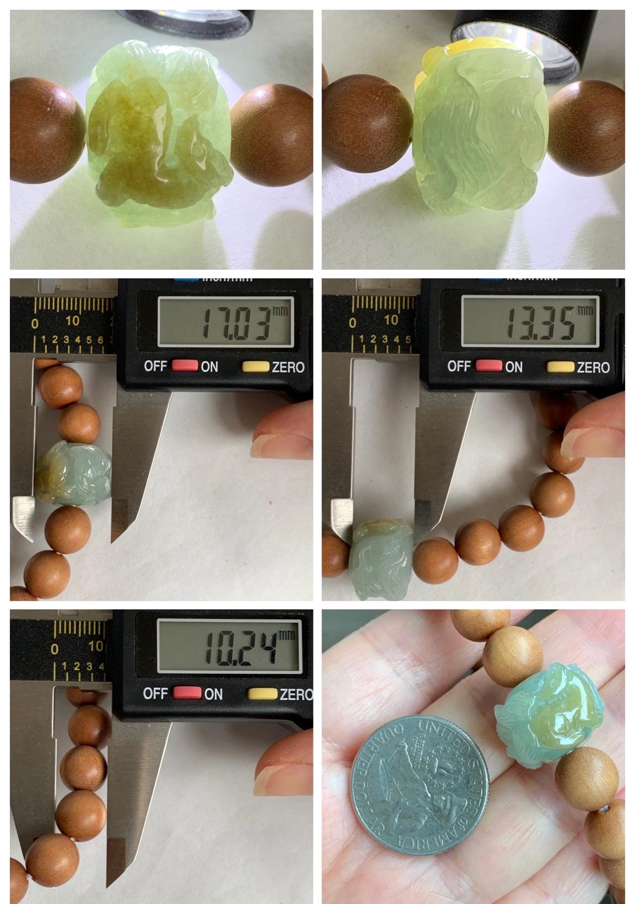 Natural Grade A Icy Translucent Light Green Yellow Marbled Jadeite Nine-tailed Fox Barrel Bead Beaded Bracelet 7” 天然冰晴底飘黄翡翠九尾狐珠木珠手串 MSH280
