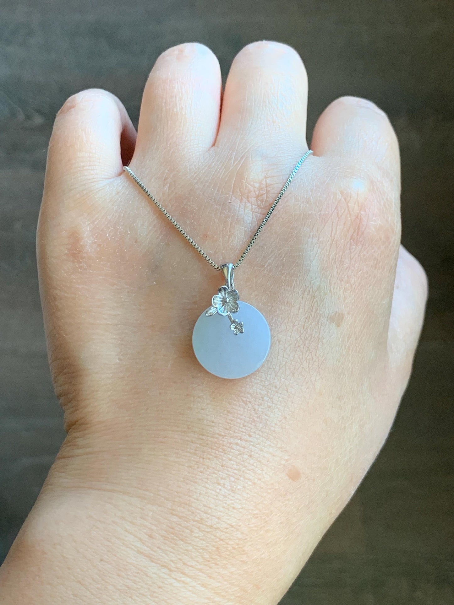 Natural Grade A Icy Translucent Jade Jadeite Small Disc Round Wu Shi Pai Pendant Sterling Silver Cherry Blossom Bail 3g 天然白冰淡紫底翡翠无事牌吊坠 YWS65