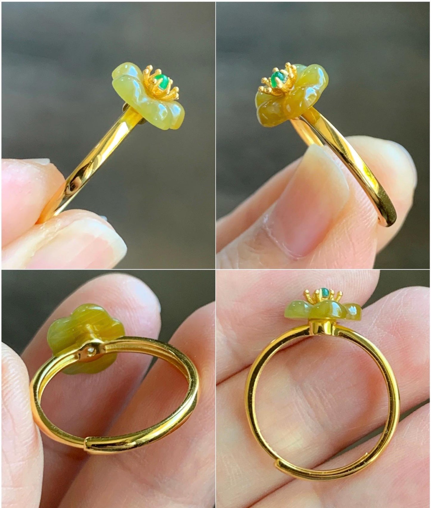 Natural Grade A Guatemalan Icy Translucent Yellow Jade Jadeite Cherry Blossom Ring Sterling Silver Size Adjustable 天然冰危黄翡翠梅花银镶戒指 WXMH66A