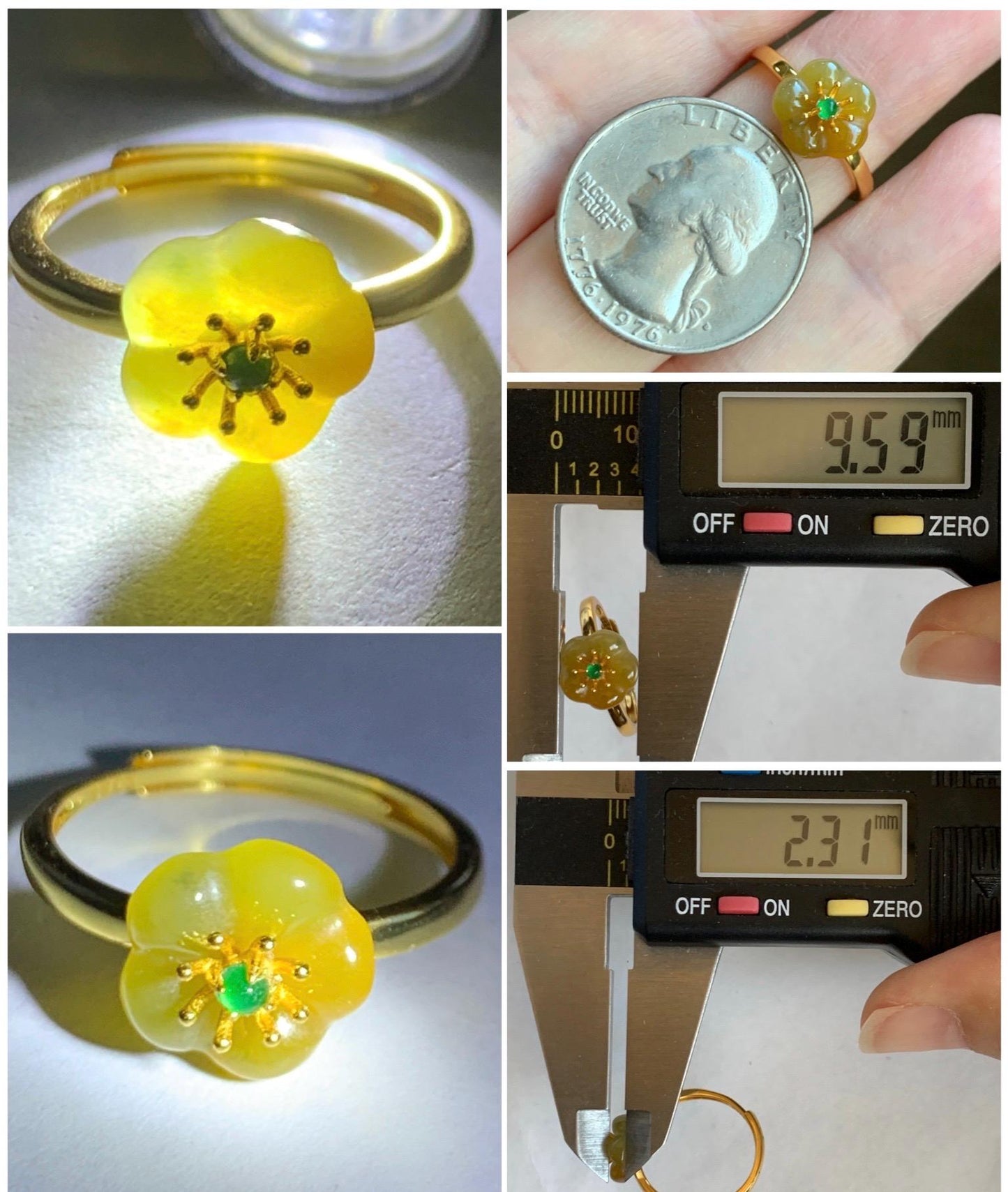 Natural Grade A Guatemalan Icy Translucent Yellow Jade Jadeite Cherry Blossom Ring Sterling Silver Size Adjustable 天然冰危黄翡翠梅花银镶戒指 WXMH66A