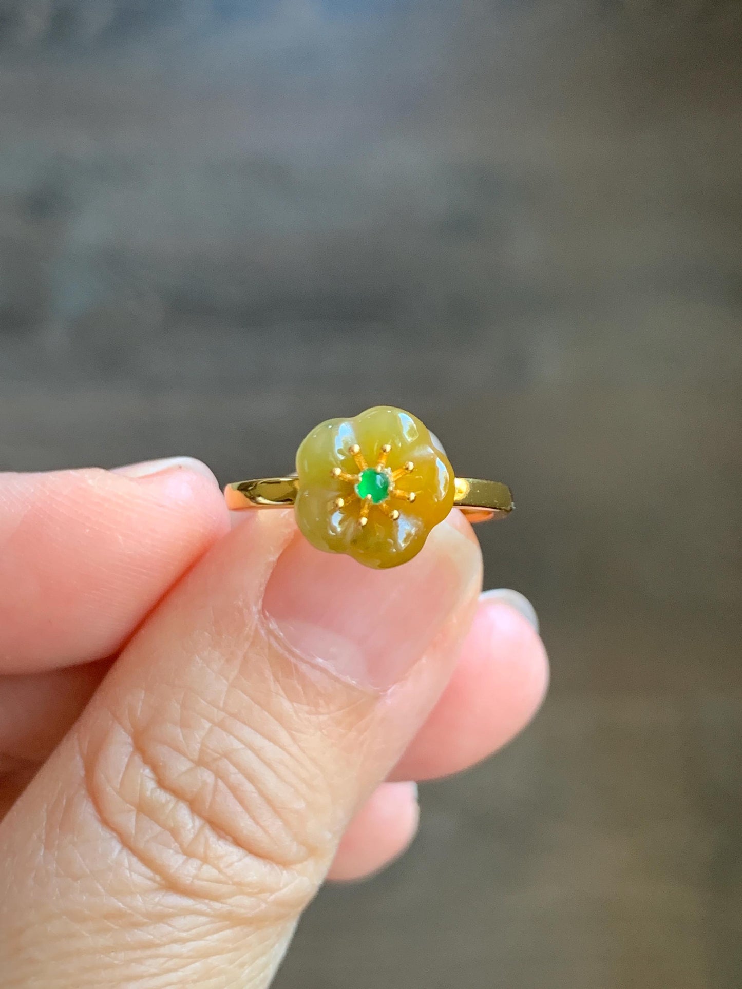 Natural Grade A Guatemalan Icy Translucent Yellow Jade Jadeite Cherry Blossom Ring Sterling Silver Size Adjustable 天然冰危黄翡翠梅花银镶戒指 WXMH66A