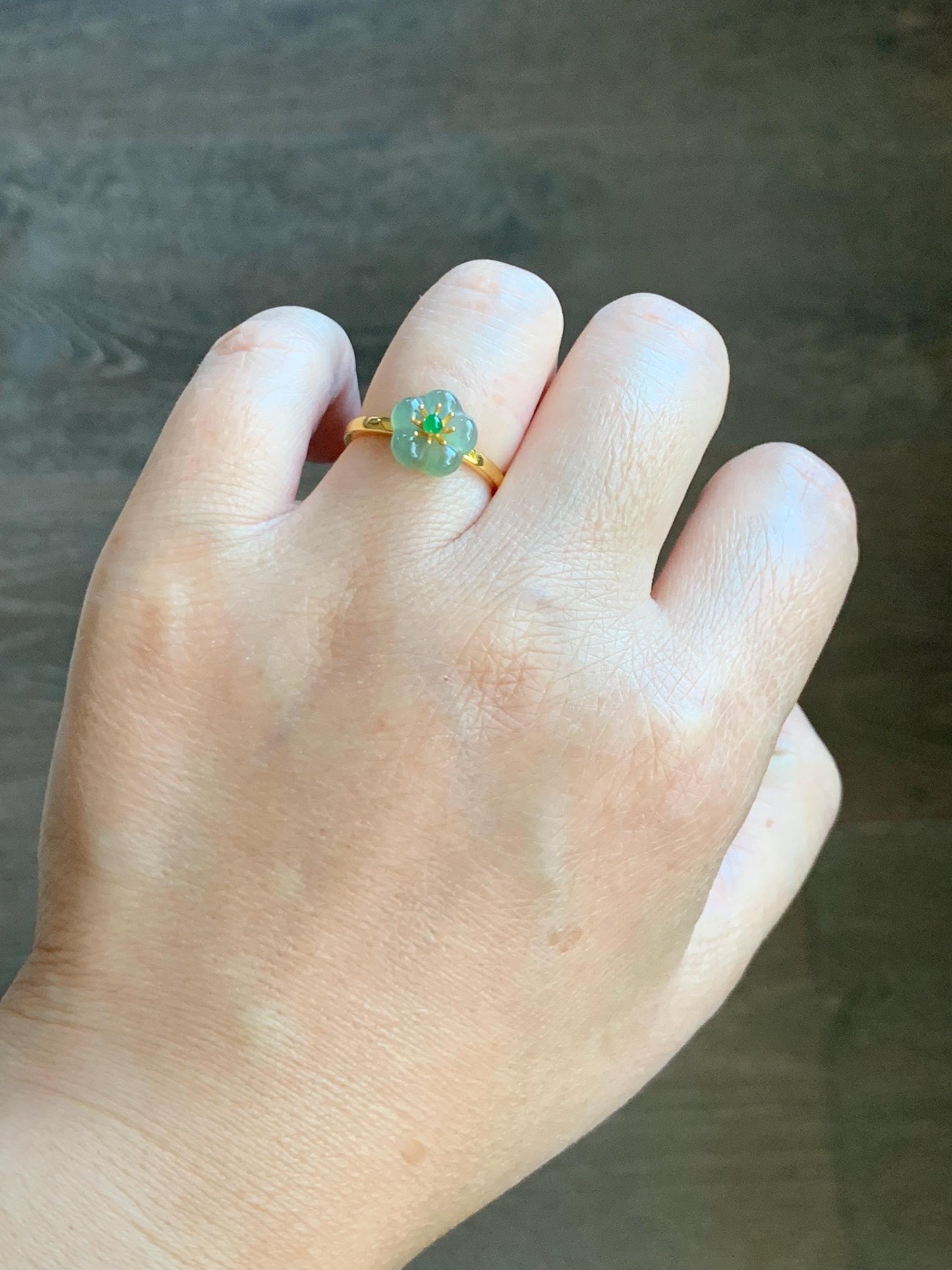 Natural Grade A Guatemalan Icy Translucent Light Teal Jade Jadeite Cherry Blossom Ring Sterling Silver Size Adjustable 天然冰危蓝翡翠梅花银镶戒指 WXMH66C