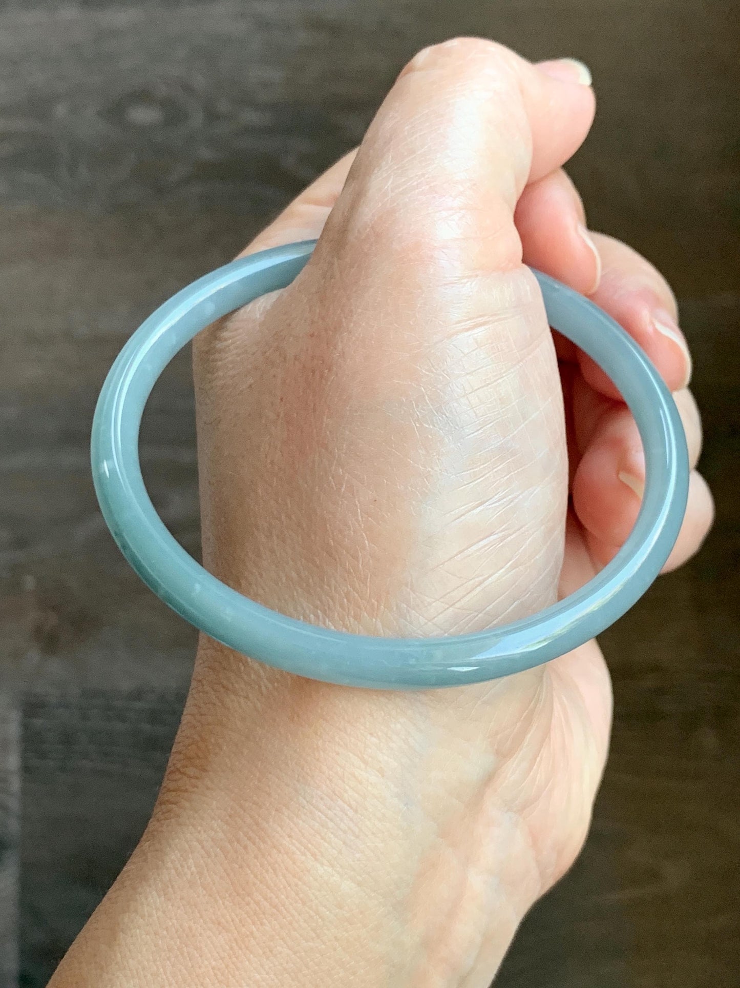 Certified Natural Grade A Guatemalan Icy Translucent Light Dusty Blue Jade Jadeite Bangle Bracelet 61.7mm 7.63" 17.77g 天然危蓝糯冰浅蓝翡翠圆条手镯 8790