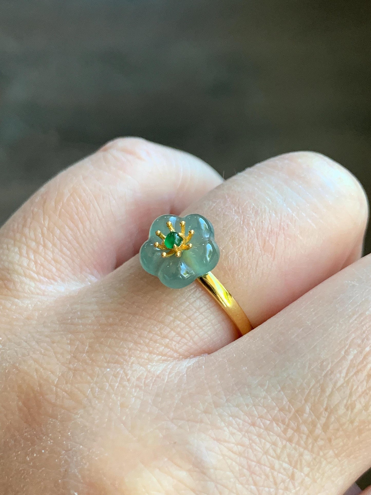 Natural Grade A Guatemalan Icy Translucent Light Teal Jade Jadeite Cherry Blossom Ring Sterling Silver Size Adjustable 天然冰危蓝翡翠梅花银镶戒指 WXMH66D