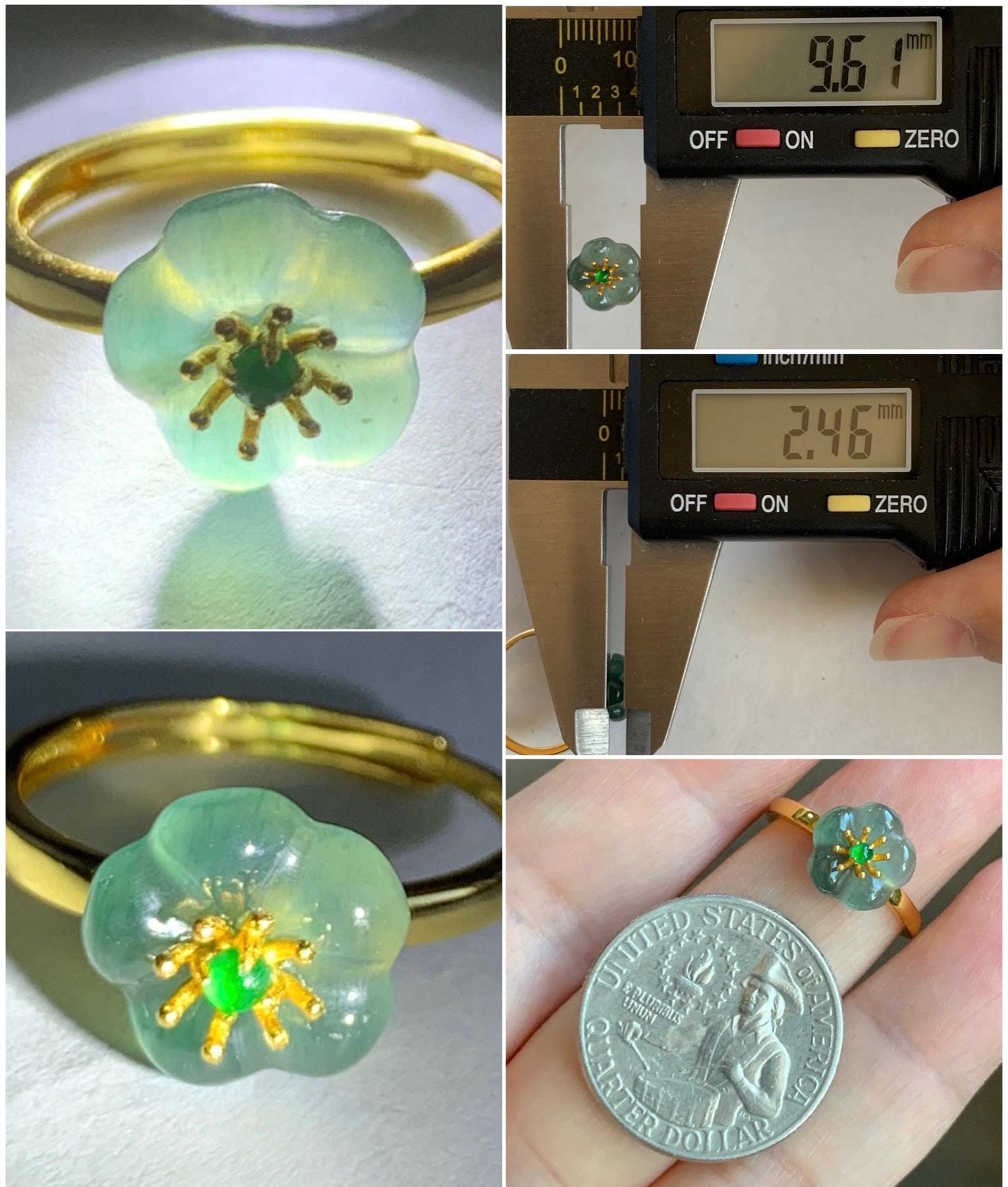 Natural Grade A Guatemalan Icy Translucent Teal Jade Jadeite Cherry Blossom Ring Sterling Silver Size Adjustable 天然冰危蓝翡翠梅花银镶戒指 WXMH66E