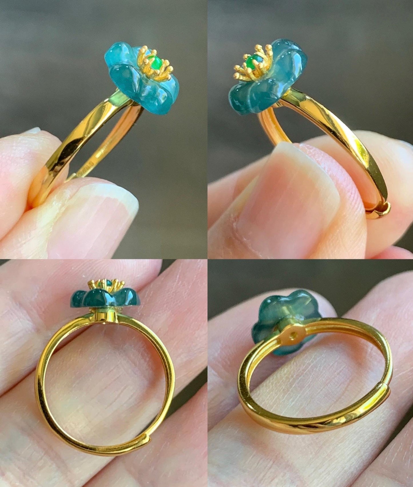 Natural Grade A Guatemalan Icy Translucent Teal Jade Jadeite Cherry Blossom Ring Sterling Silver Size Adjustable 天然冰危蓝翡翠梅花银镶戒指 WXMH66E