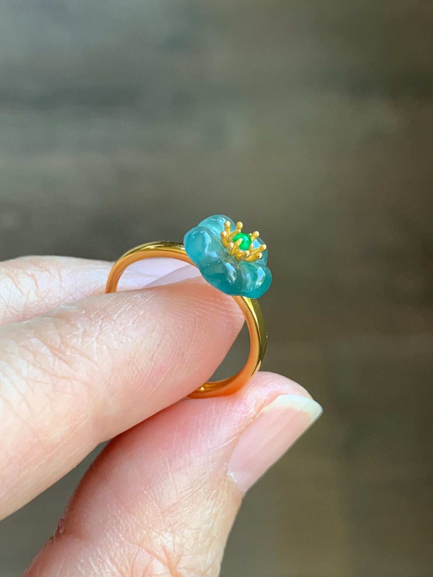 Natural Grade A Guatemalan Icy Translucent Teal Jade Jadeite Cherry Blossom Ring Sterling Silver Size Adjustable 天然冰危蓝翡翠梅花银镶戒指 WXMH66E