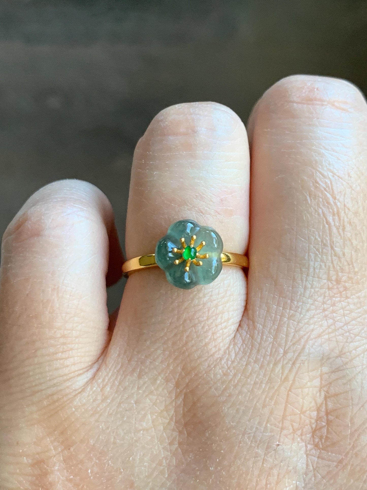 Natural Grade A Guatemalan Icy Translucent Teal Jade Jadeite Cherry Blossom Ring Sterling Silver Size Adjustable 天然冰危蓝翡翠梅花银镶戒指 WXMH66E