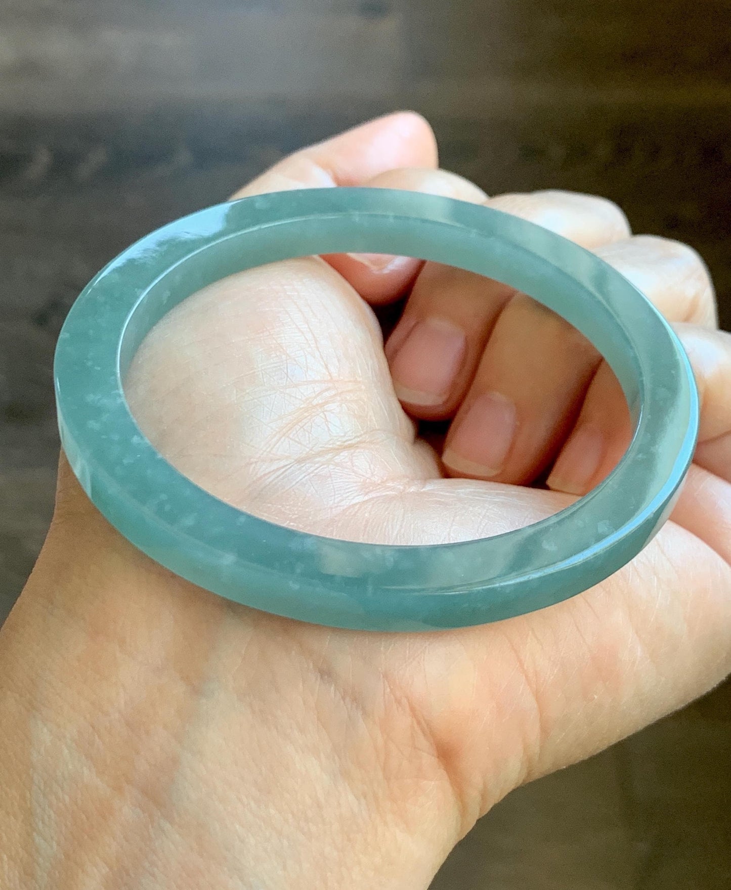 Certified Natural Grade A Guatemalan Icy Translucent Dusty Teal Blue Jade Jadeite Square Edged Bangle 57.76mm 7.14” 27g 天然冰胶危蓝翡翠方镯手镯 8807