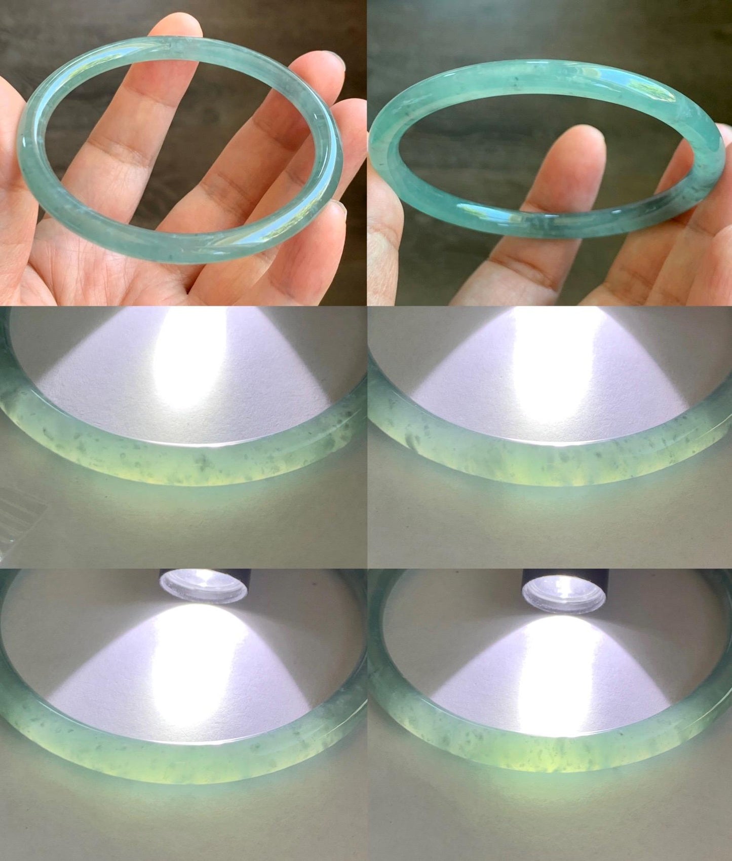 Certified Natural Grade A Guatemalan Icy Highly Translucent Light Green Jade Jadeite Slim Bangle 59.7mm 7.38” 19.94g 天然冰胶危晴绿翡翠细圆条手镯 8818