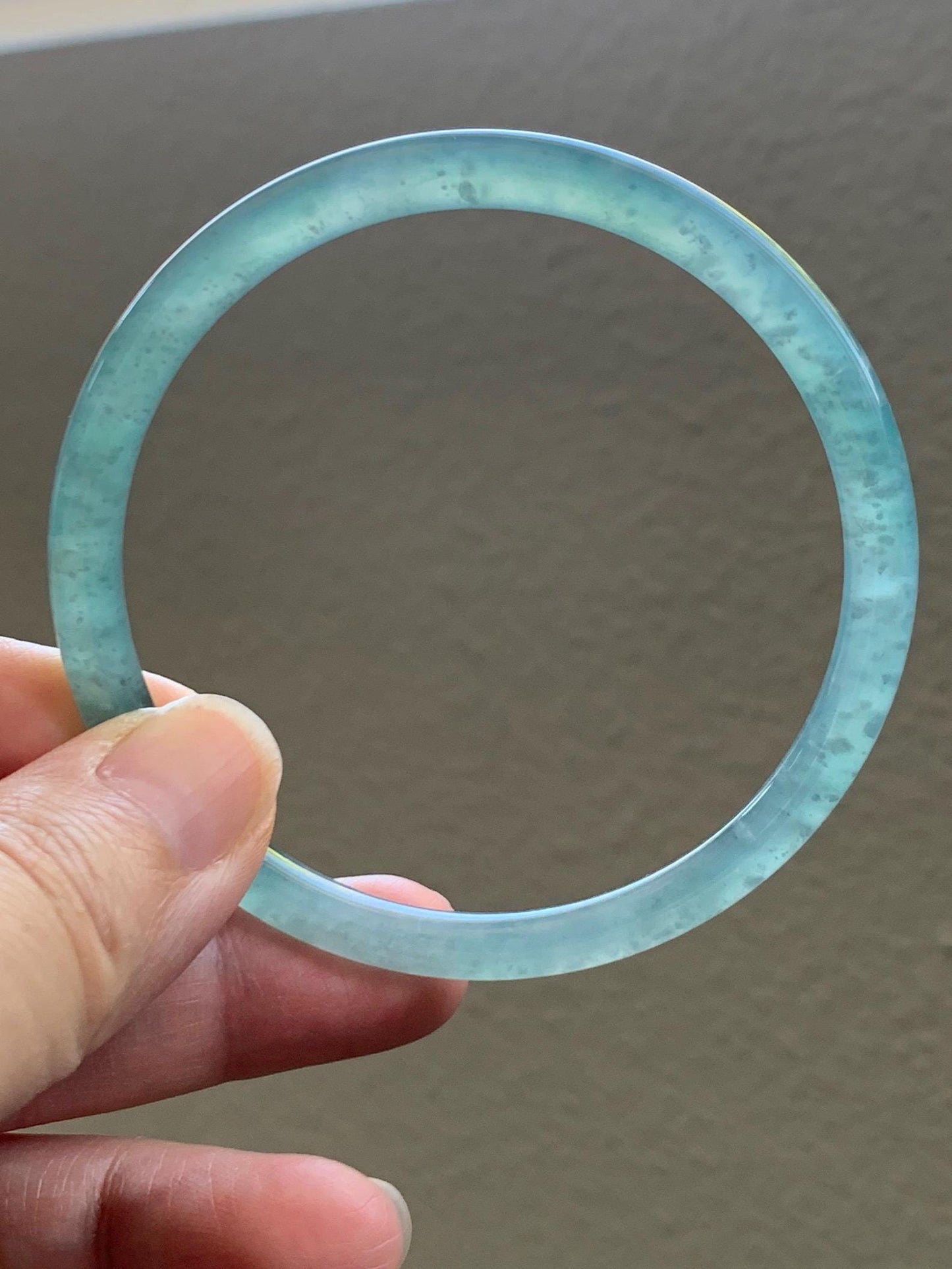 Certified Natural Grade A Guatemalan Icy Highly Translucent Light Green Jade Jadeite Slim Bangle 58.76mm 7.26” 17.55g 天然冰胶危晴绿翡翠圆条手镯 8770